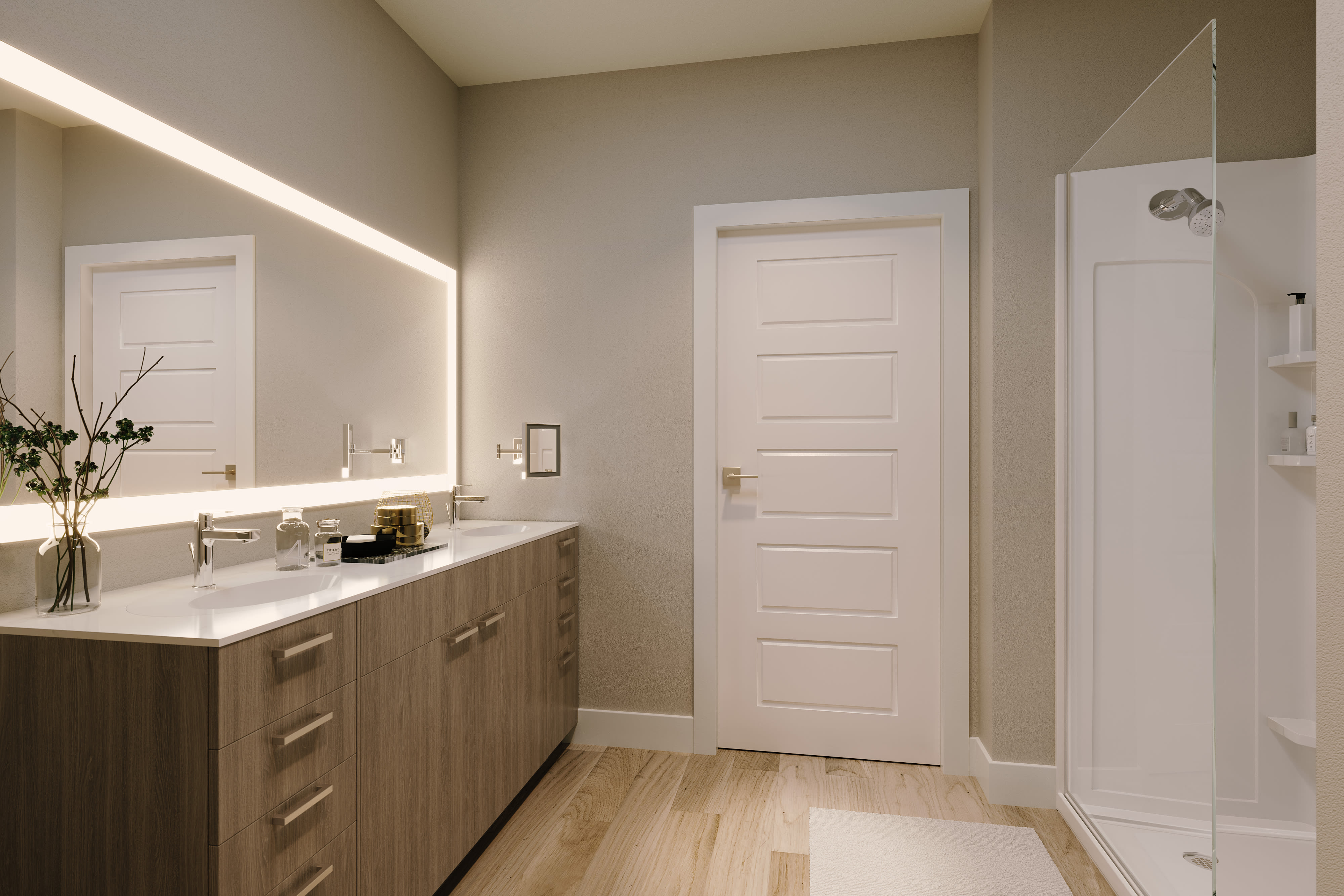 Bathroom with big mirror and cabinets to store space at Stone Village Apartments in Reno, Nevada