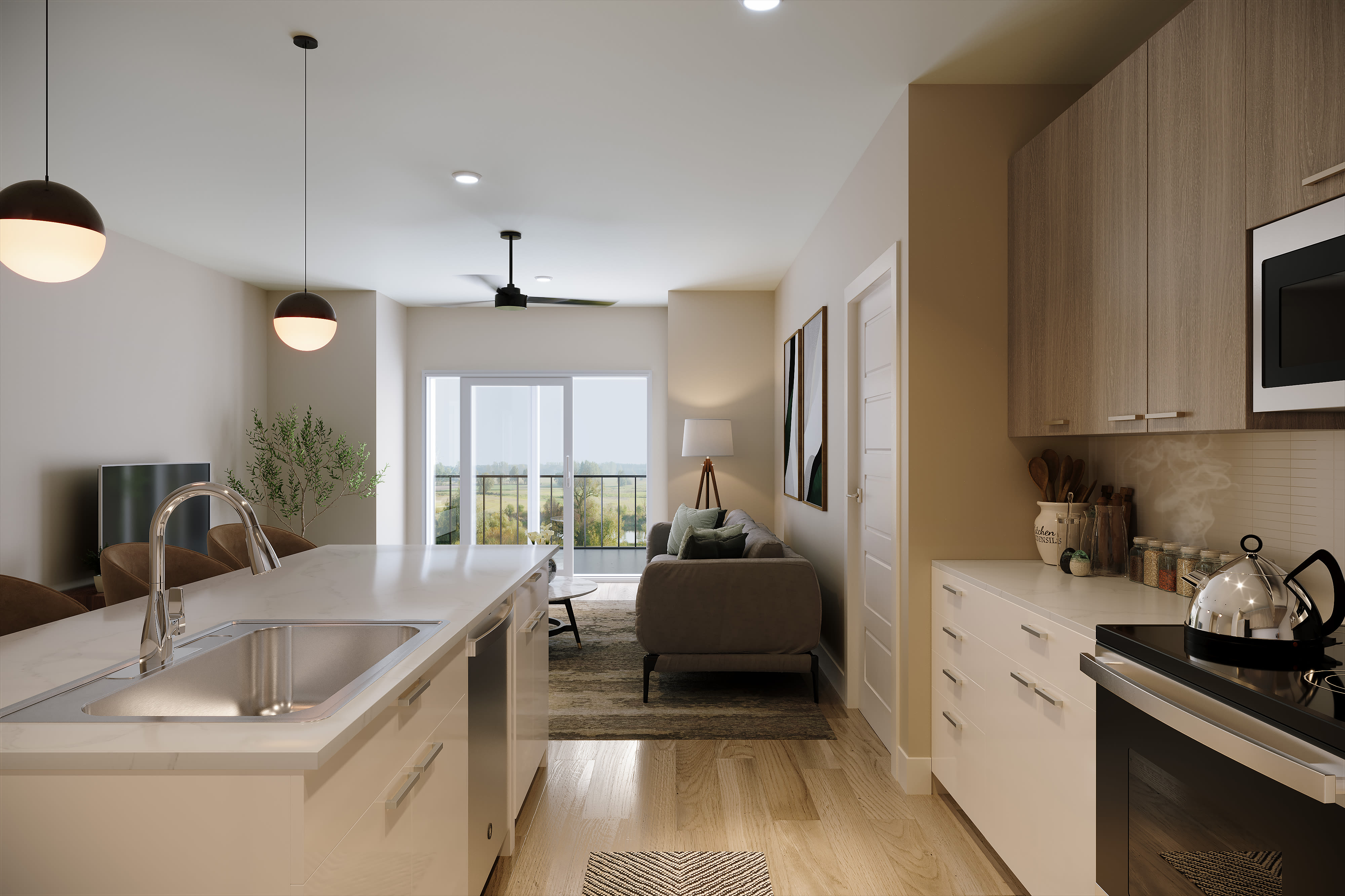 Open layout kitchen with easy access to living room at Stone Village Apartments in Reno, Nevada