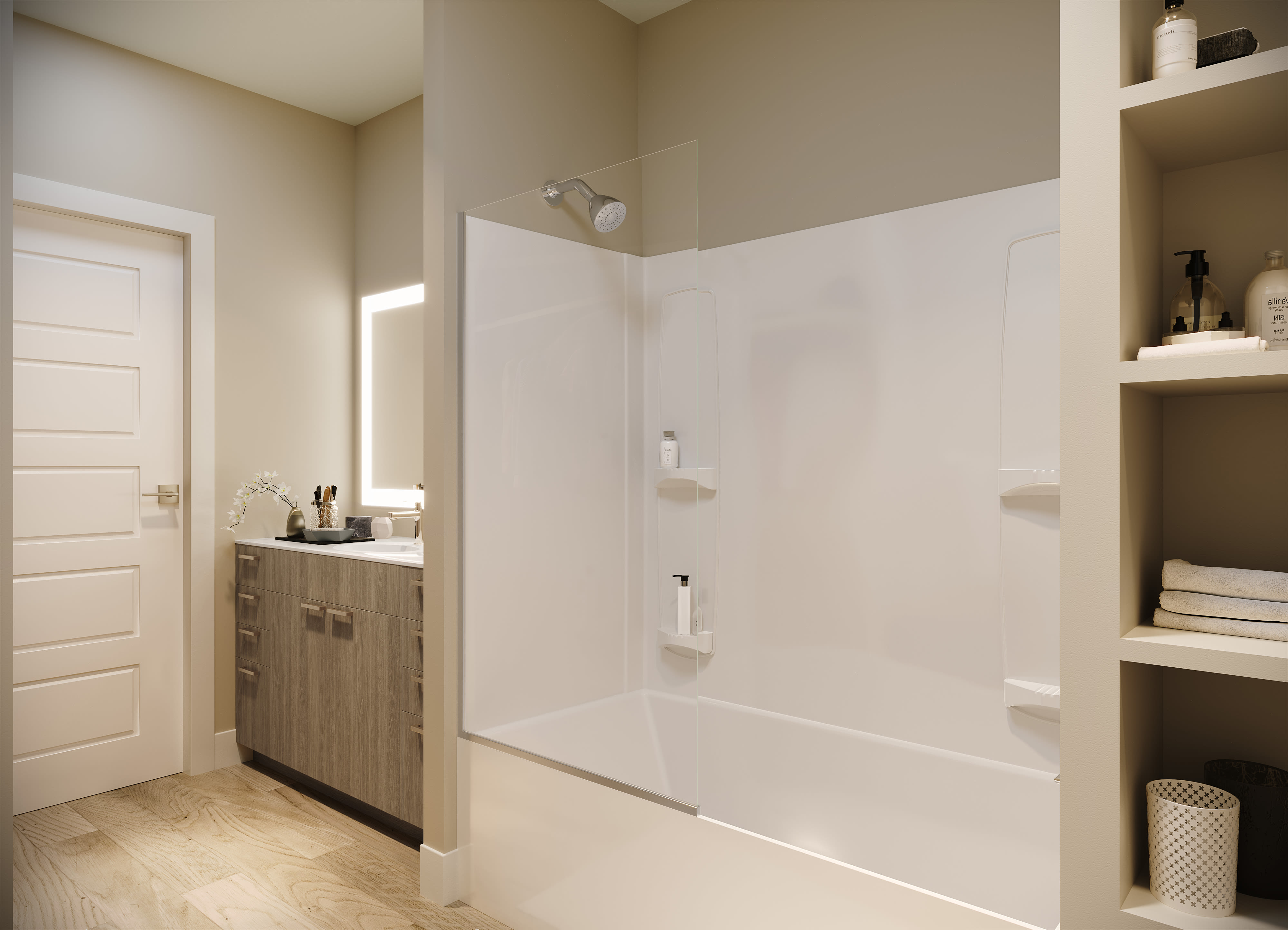 Bright bathroom with tub and mirror at Stone Village Apartments in Reno, Nevada
