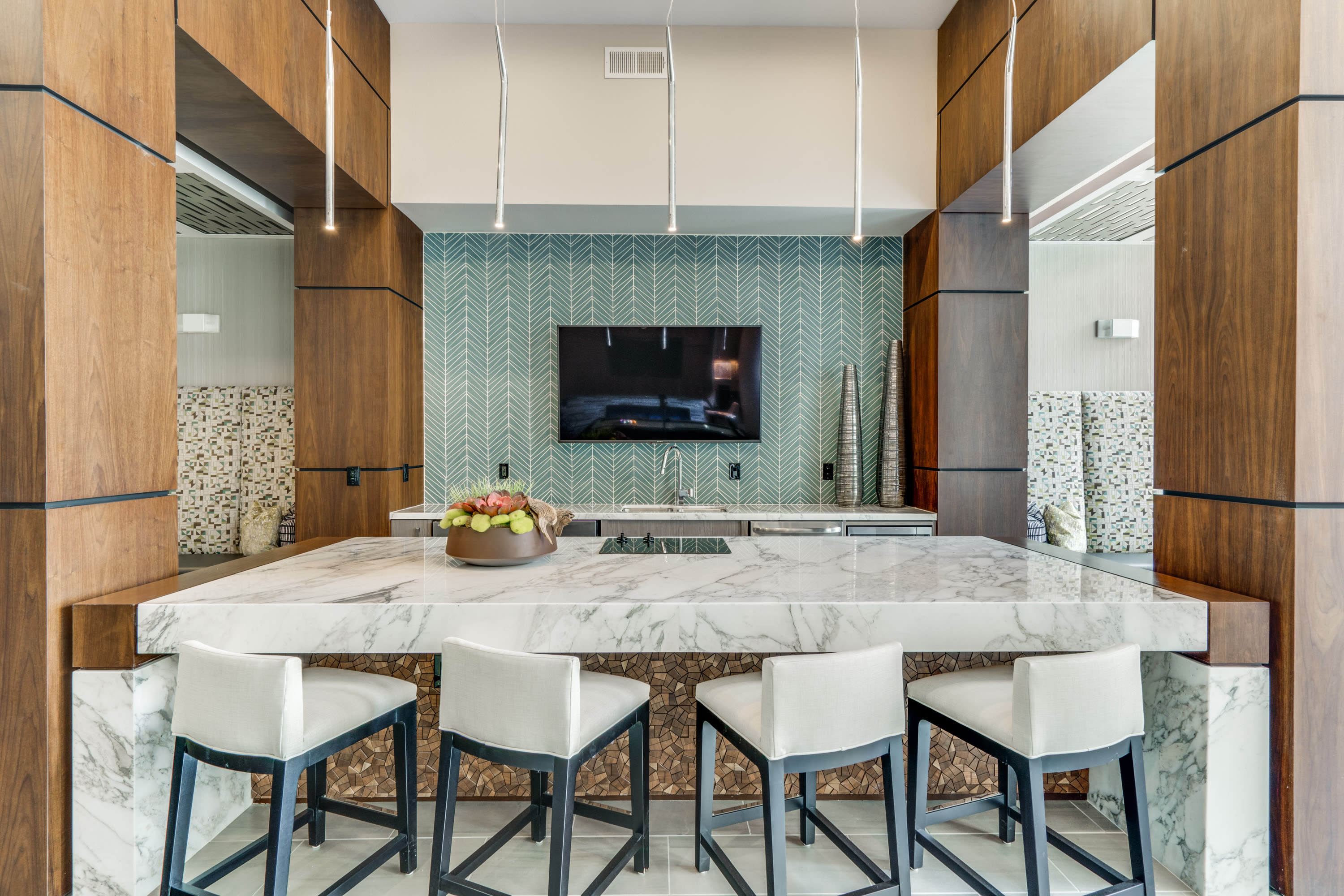 Community kitchen at the clubhouse at 801 LasCo in Irving, Texas