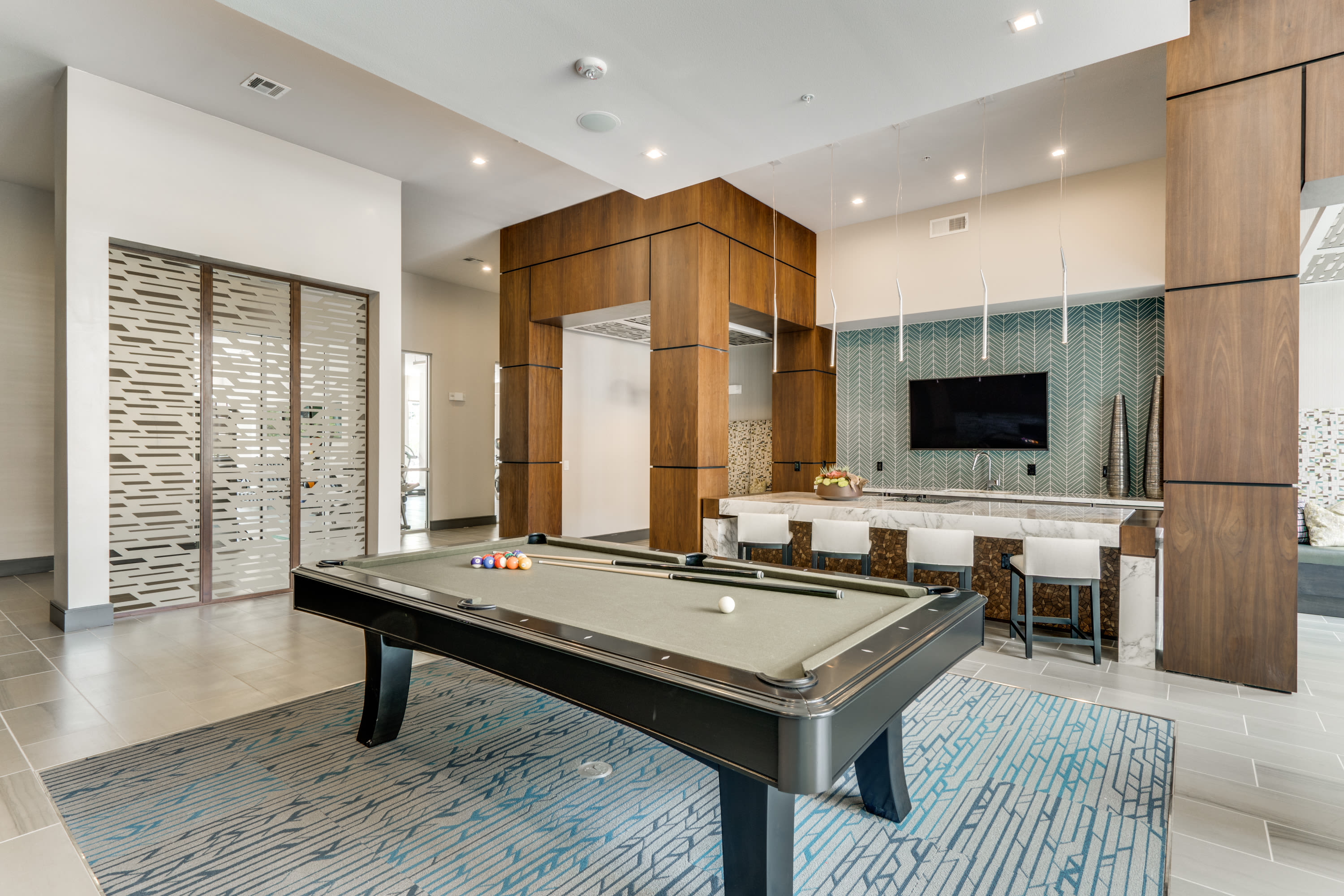 Billiards table at 801 LasCo in Irving, Texas