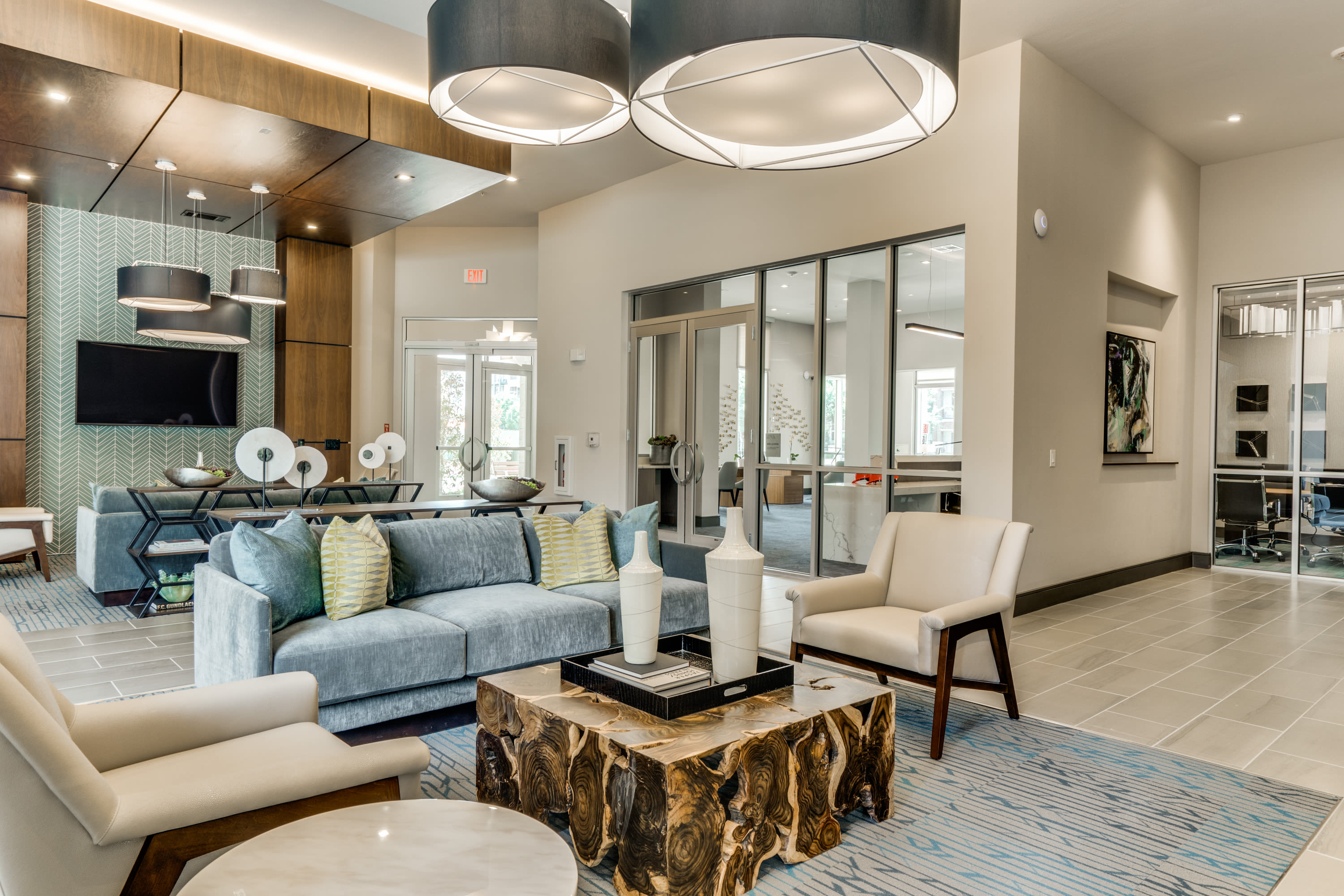 Indoor lounge at 801 LasCo in Irving, Texas