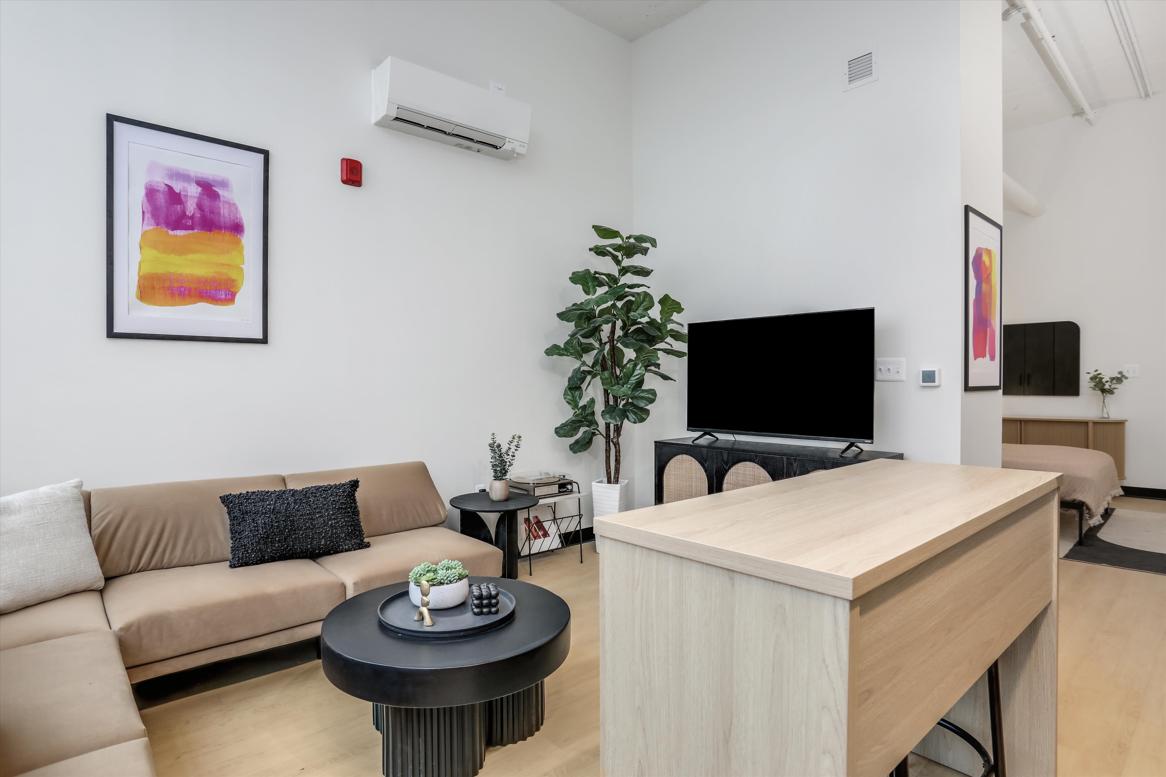 Living room of apartment at Piquette Flats in Detroit, Michigan
