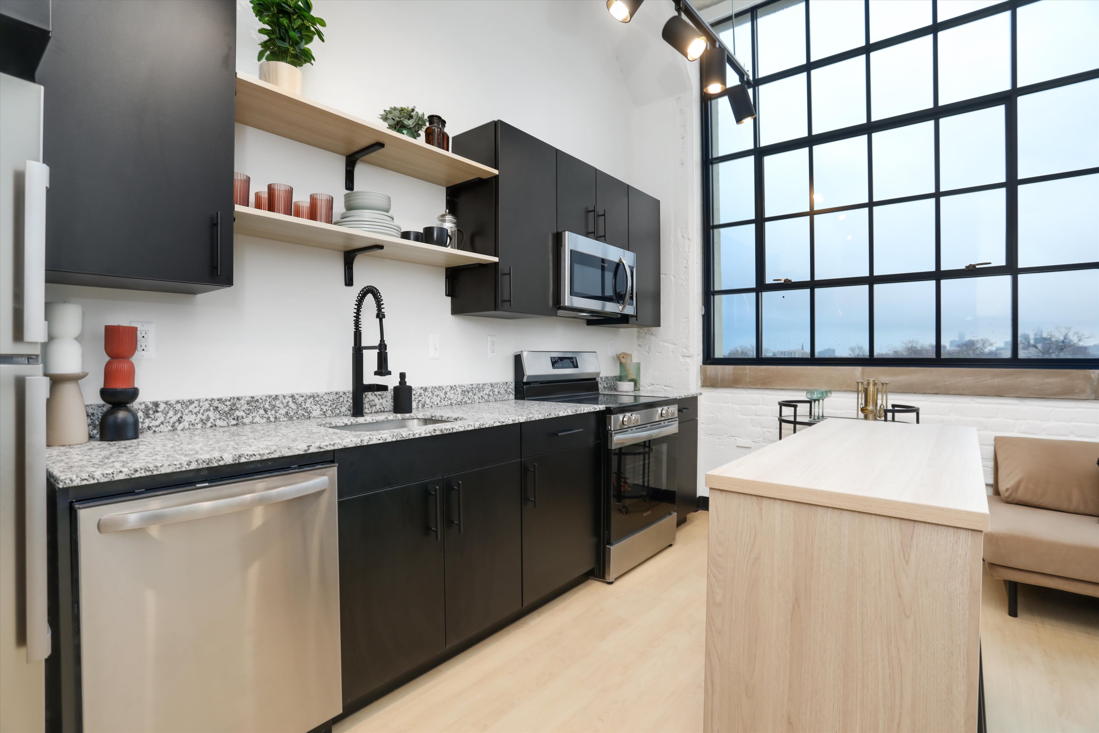 Kitchen of apartment at Piquette Flats in Detroit, Michigan