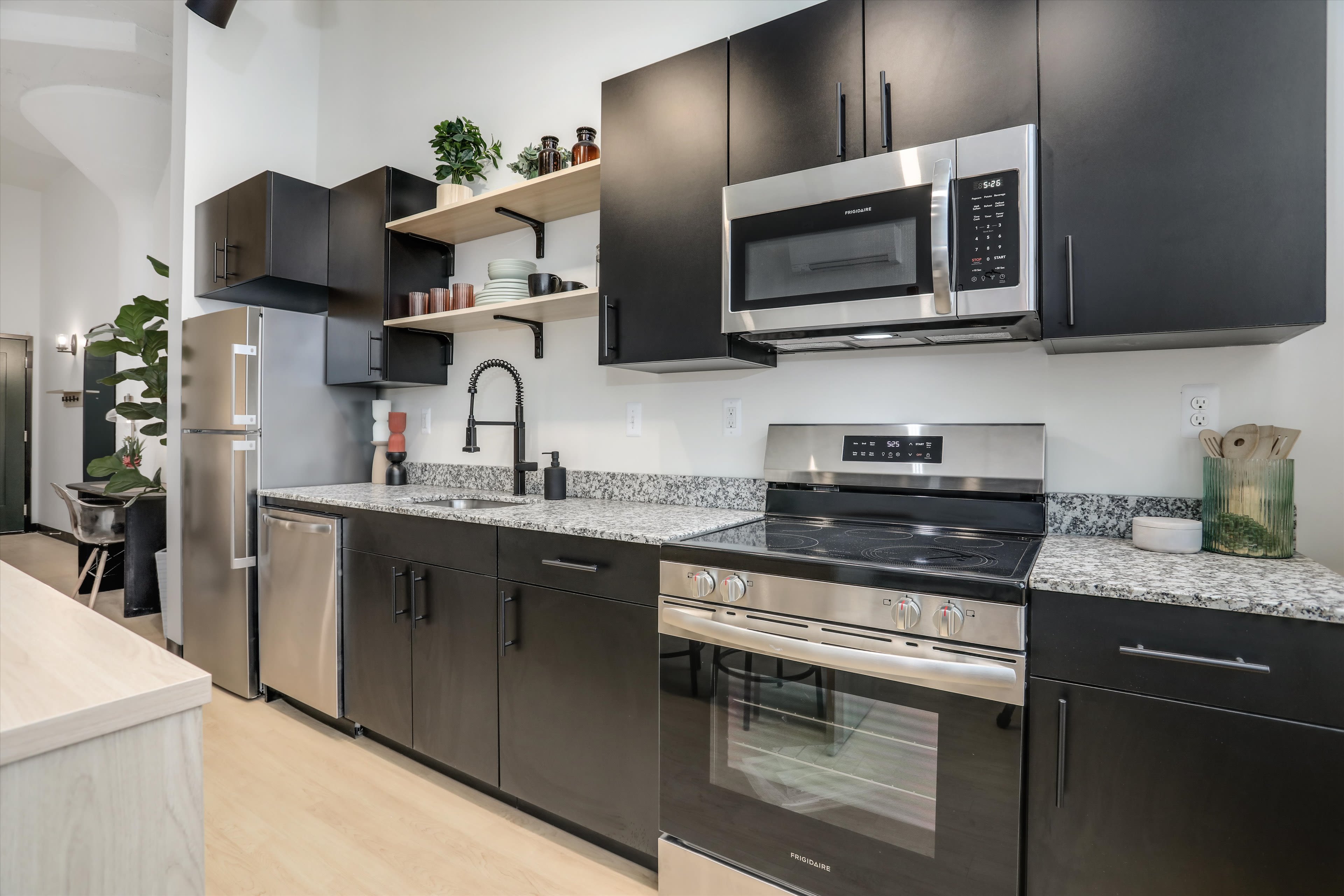 Kitchen of apartment at Piquette Flats in Detroit, Michigan