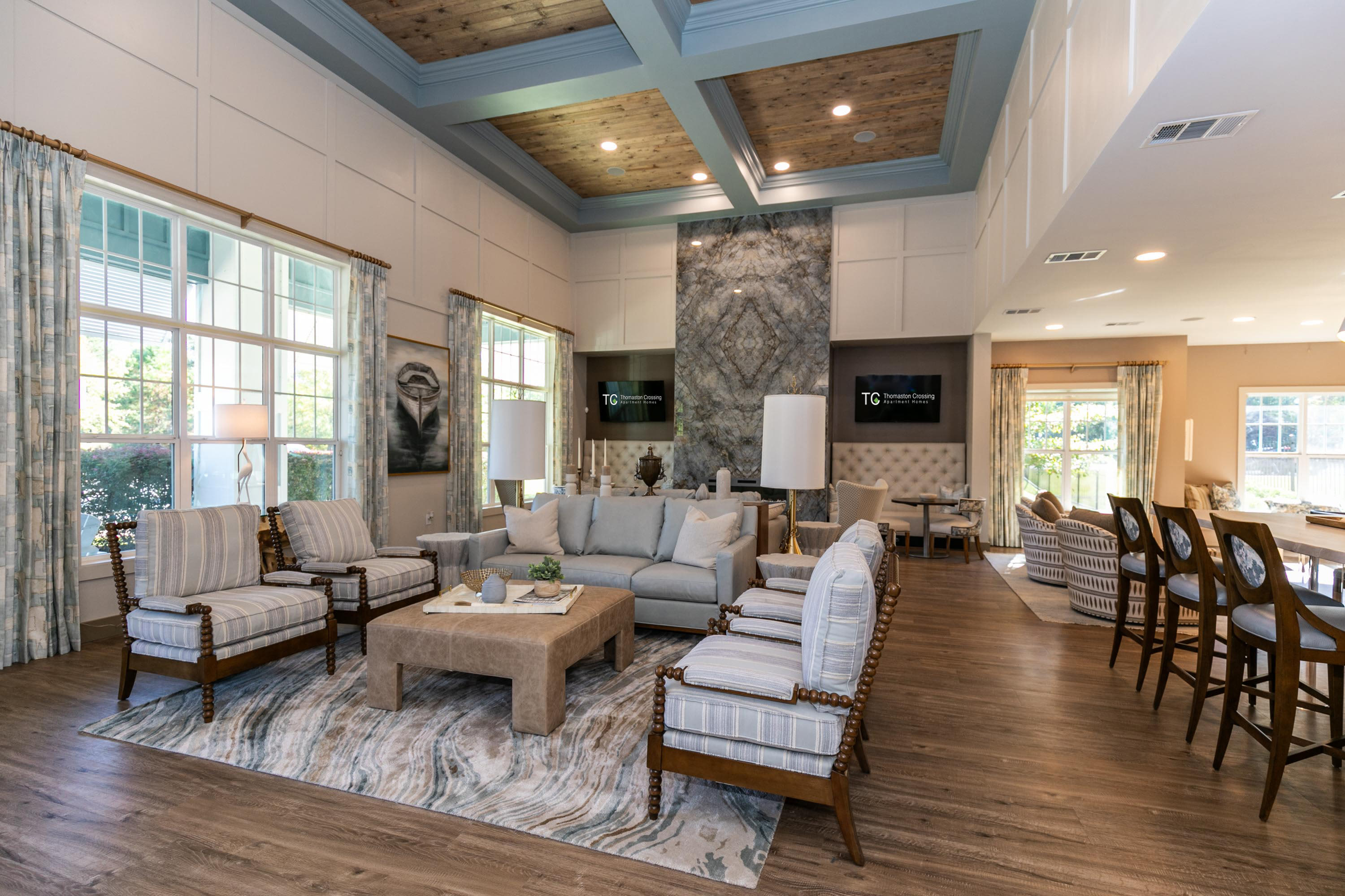 A welcoming living room designed for relaxation and social gatherings at Thomaston Crossing in Macon, Georgia