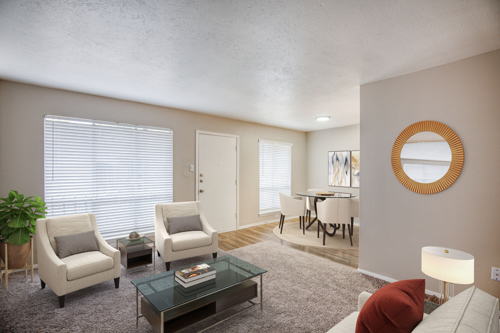 Bright living room with large windows at Lakeridge Heights in Dallas, Texas, 