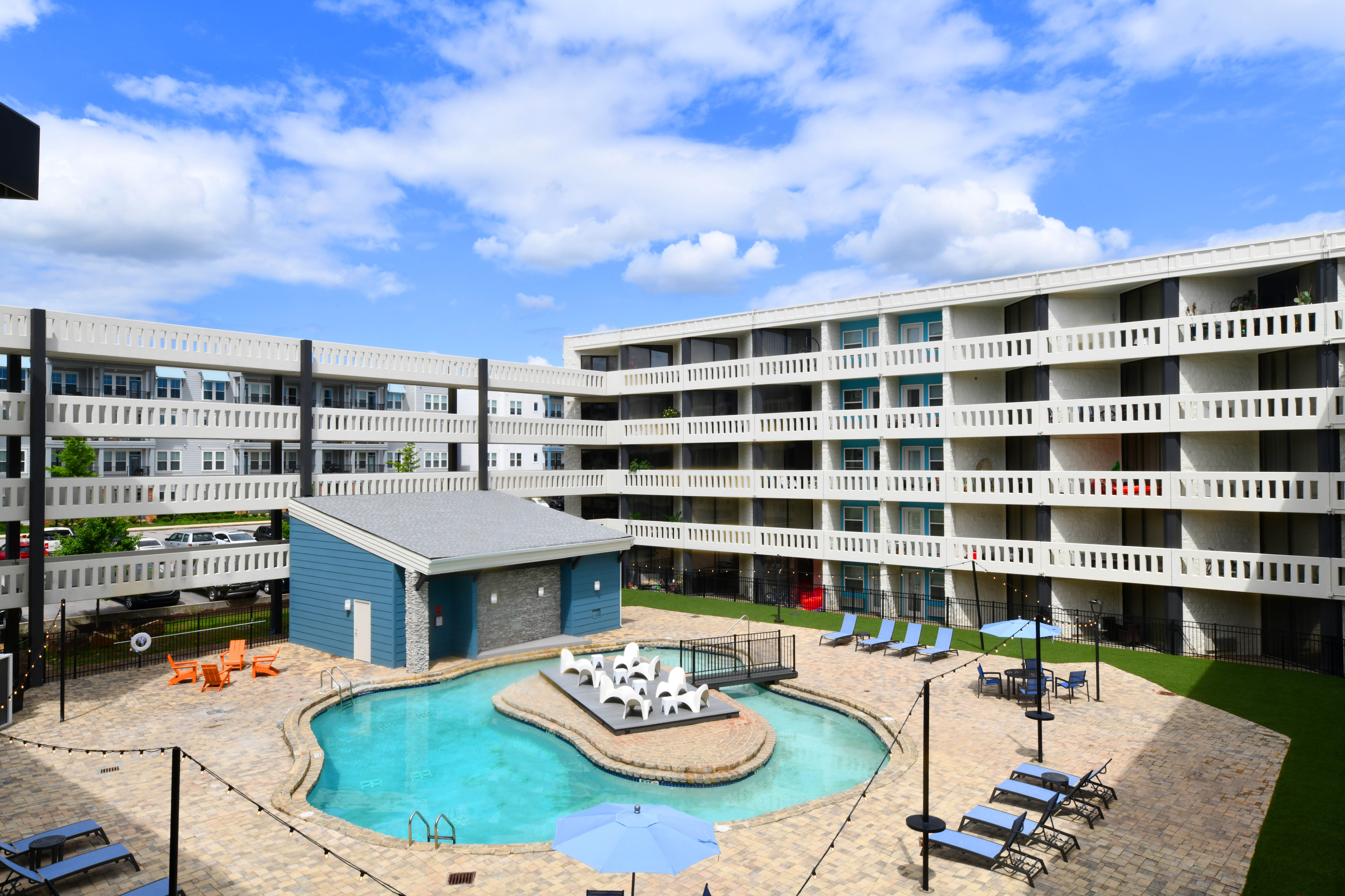 Drone shot of the apartments at Passenger Flats in Chattanooga, Tennessee