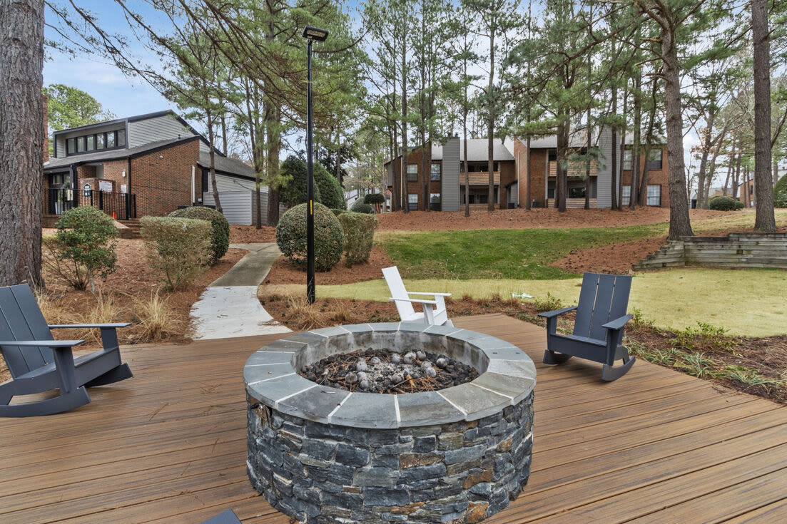 Outdoor patio with firepit at Regatta at Lake Lynn in Raleigh, North Carolina