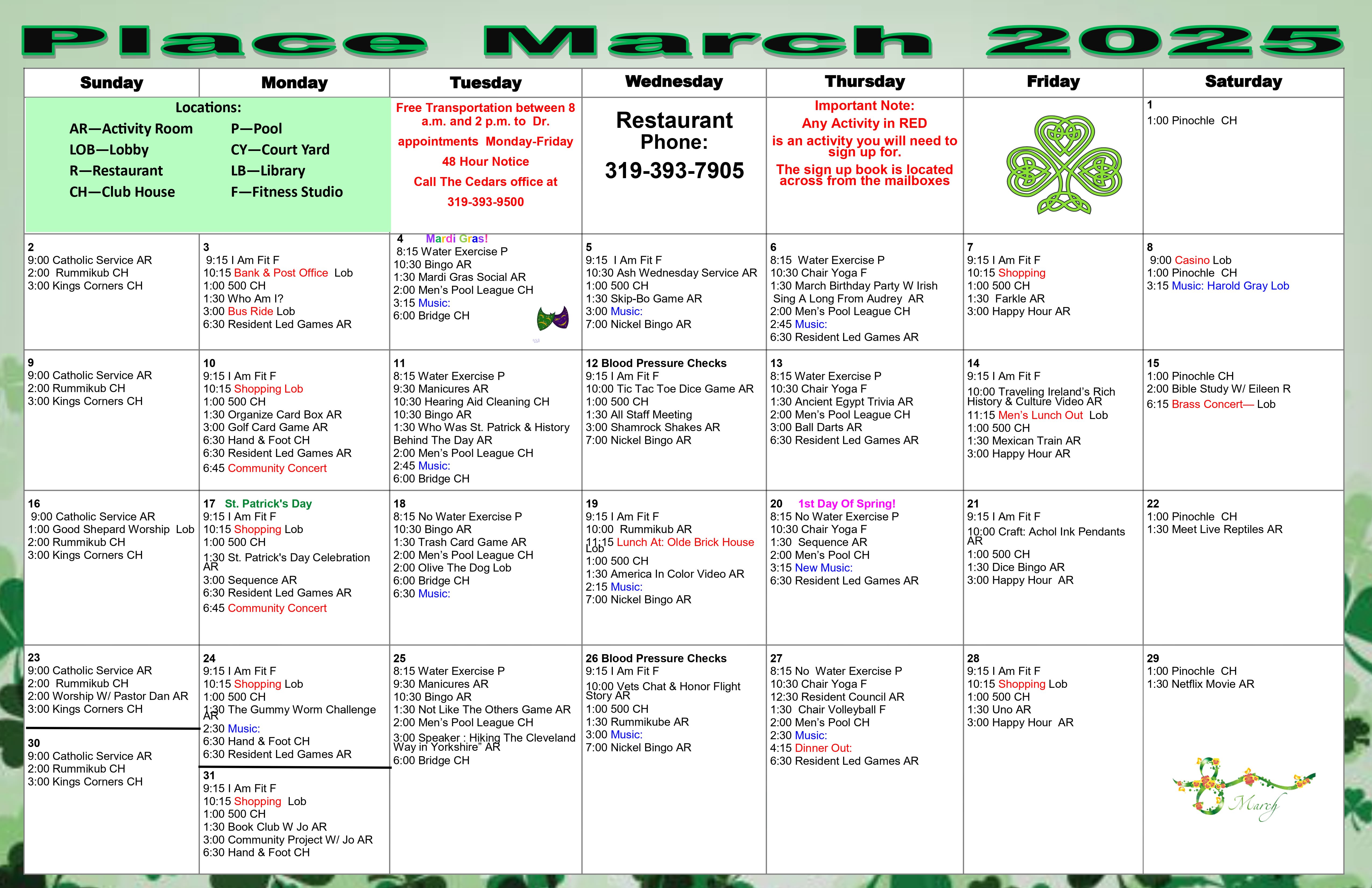 Independent Living Calendar calendar from The Keystones of Cedar Rapids in Cedar Rapids, Iowa