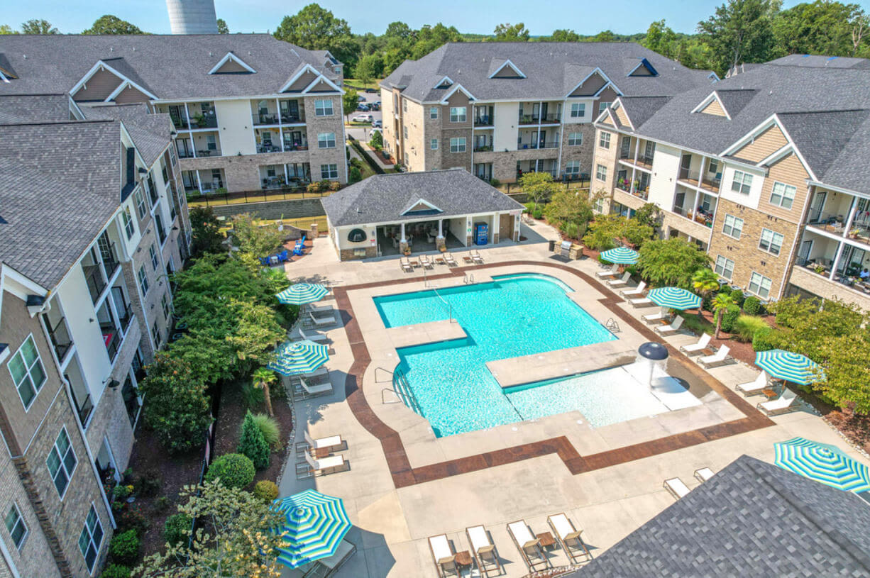 Aerial view of the apartments with the view of swimming pool at Arbors at Fort Mill in Fort Mill, South Carolina