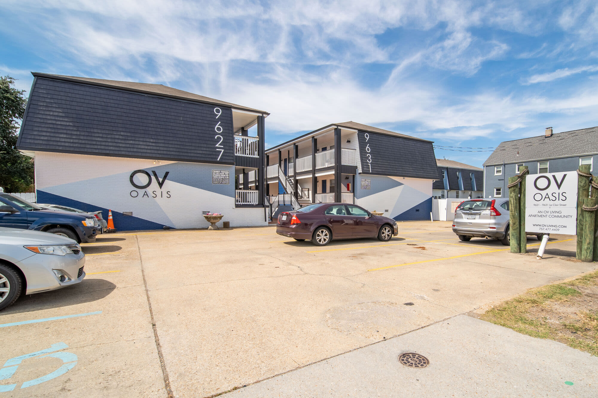 Parking and entrance to the apartments at Ocean View Living in Norfolk, Virginia