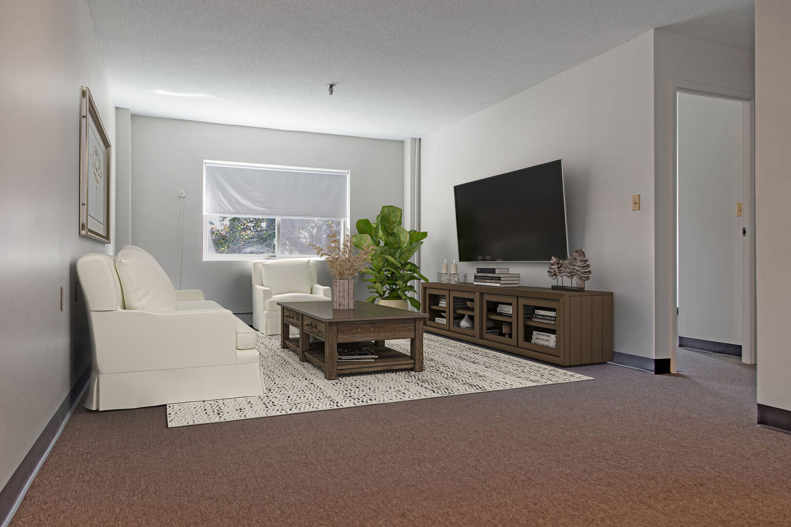Spacious living area at Bedford Towers in New Bedford, Massachusetts