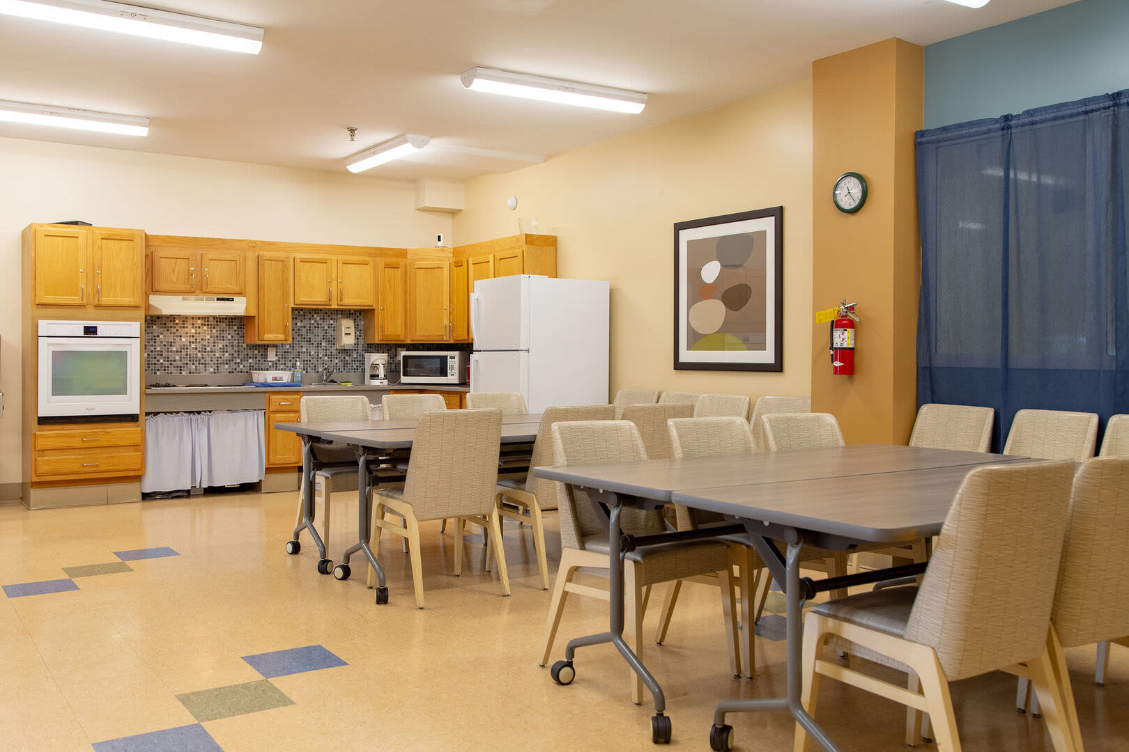 Community kitchen and the gathering area at Bedford Towers in New Bedford, Massachusetts