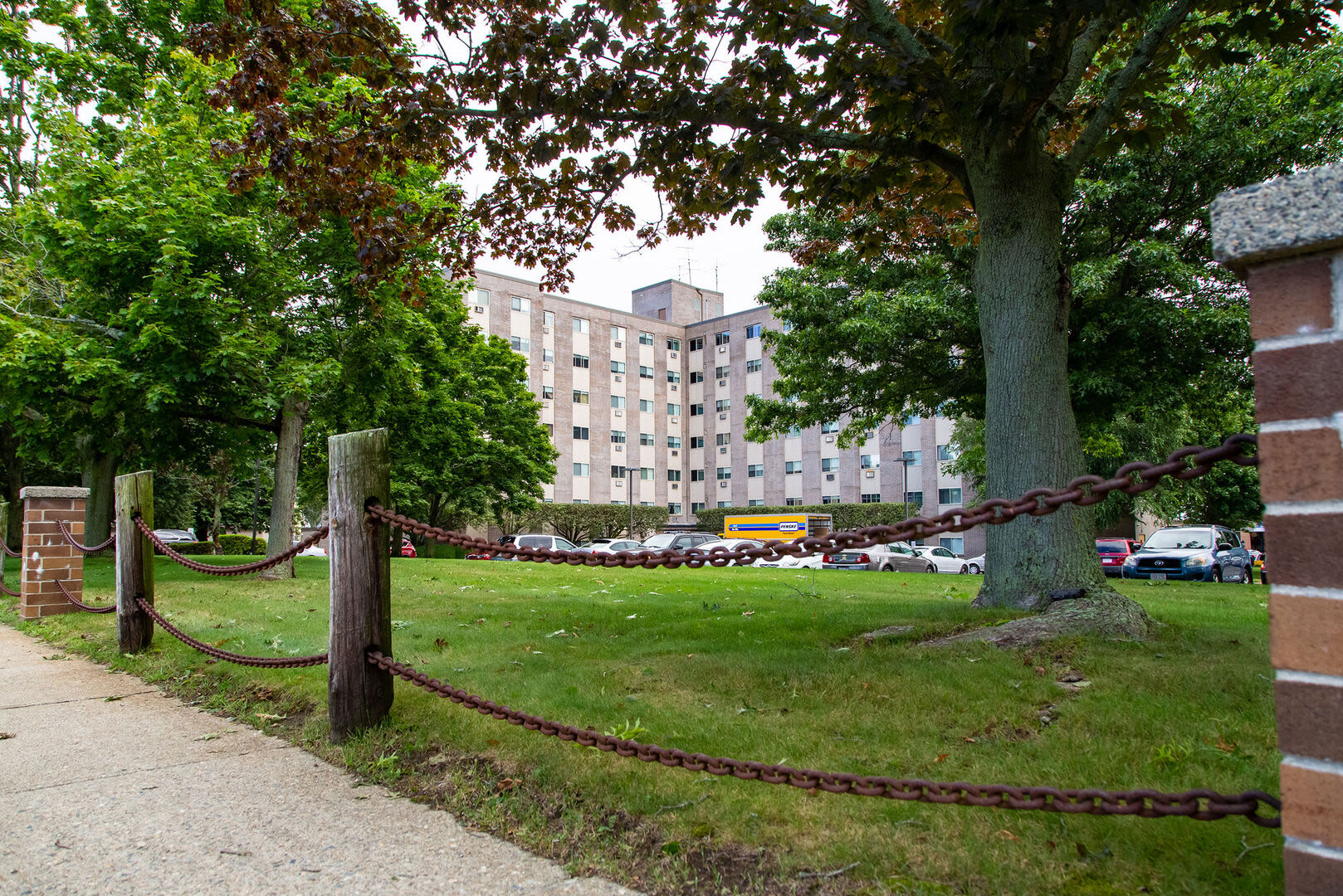 Long exterior shot of the high-rise apartments at Bedford Towers in New Bedford, Massachusetts