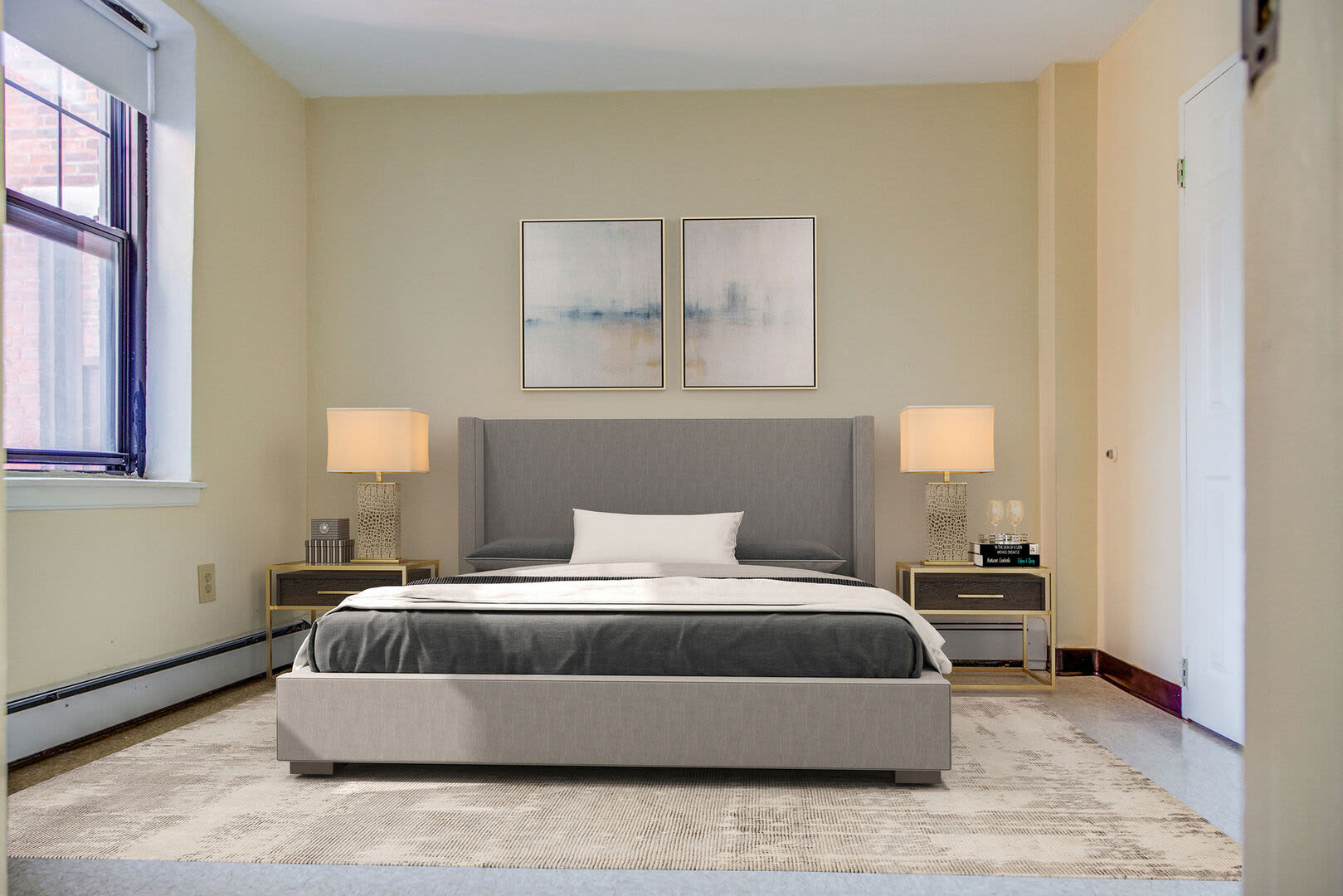 Modern plush bedroom at Blue Elm United Estates in Dorchester, Massachusetts