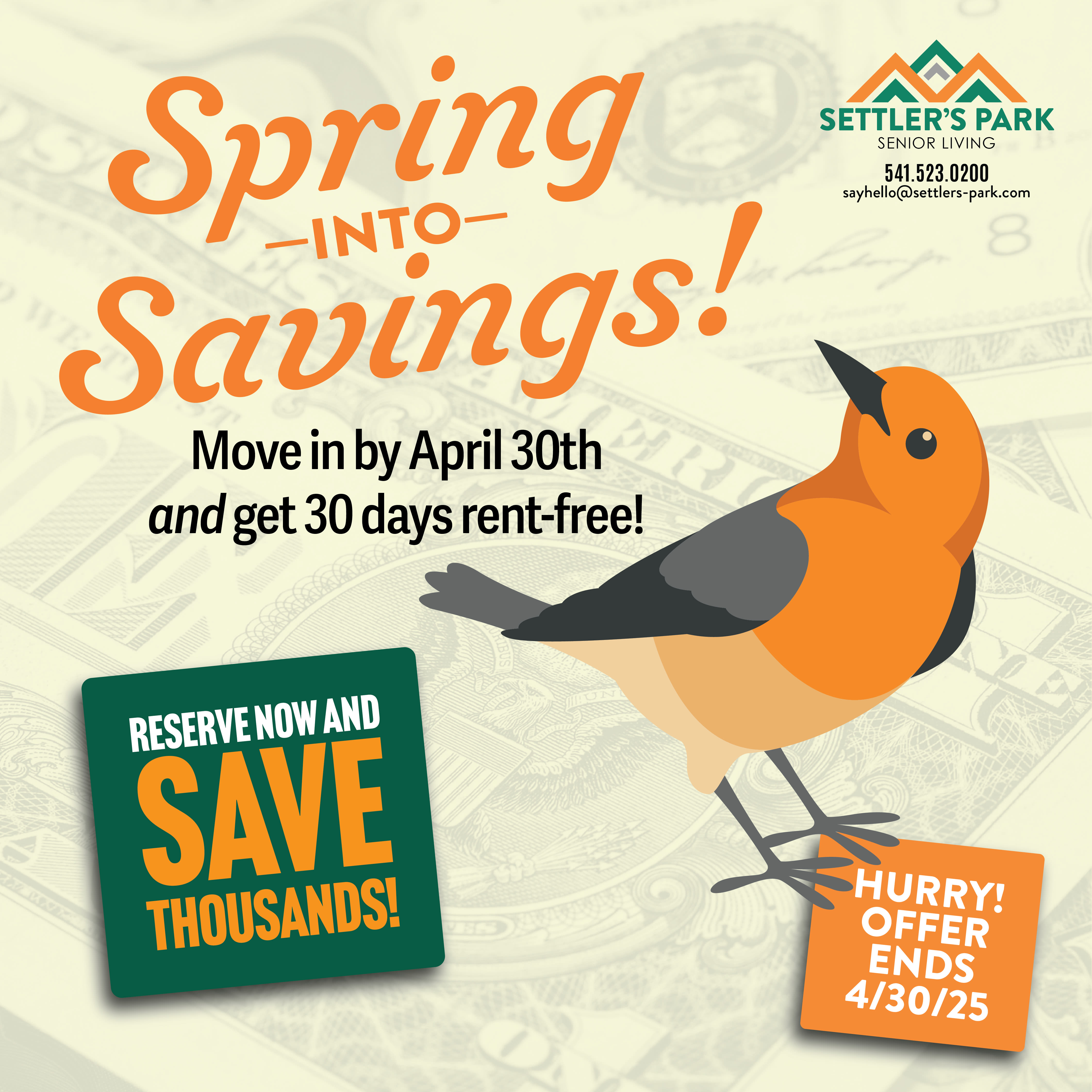 April flyer desktop at Settler's Park Senior Living in Baker City, Oregon