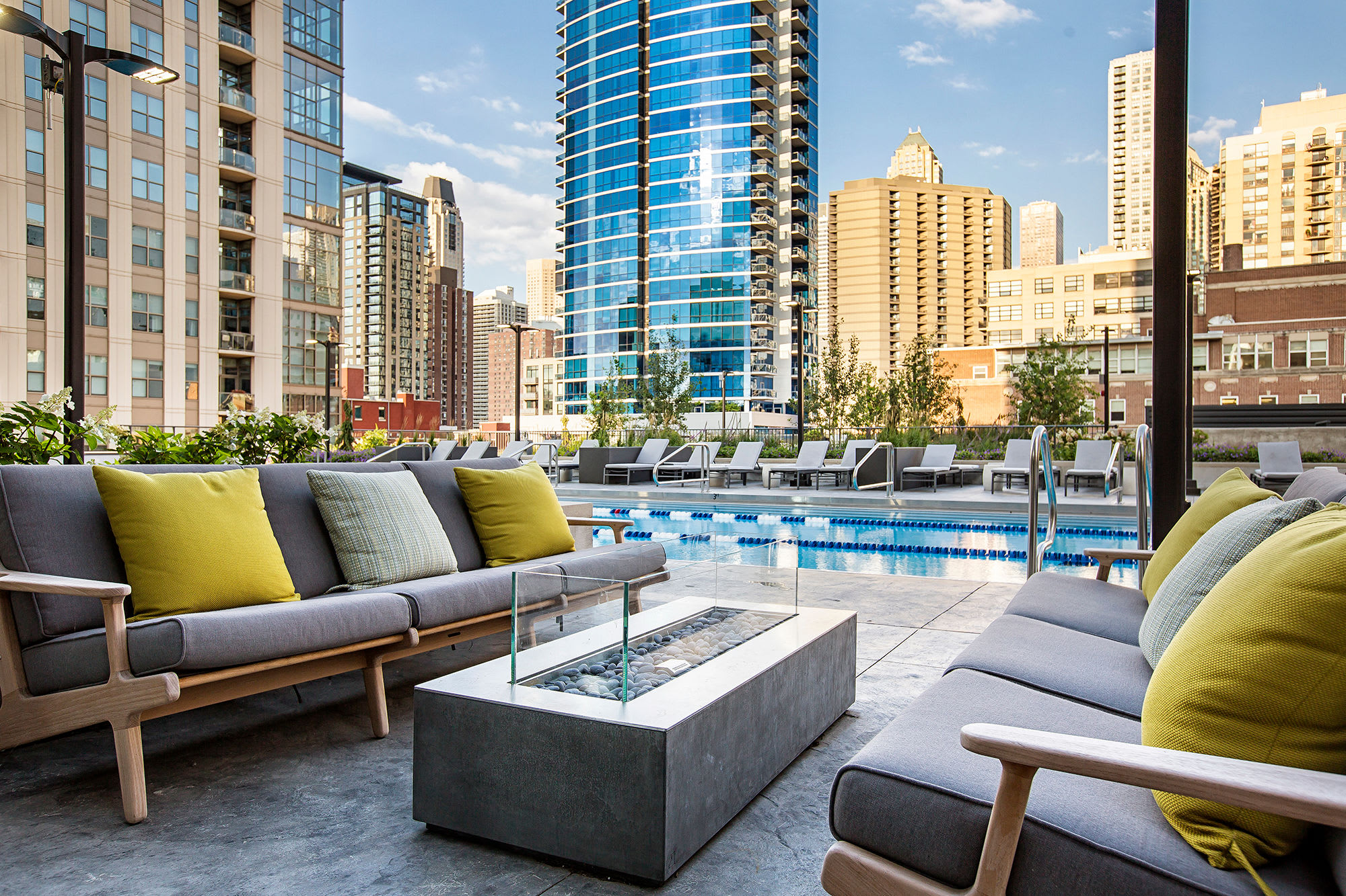 Poolside lounge seating at Exhibit On Superior in Chicago, Illinois