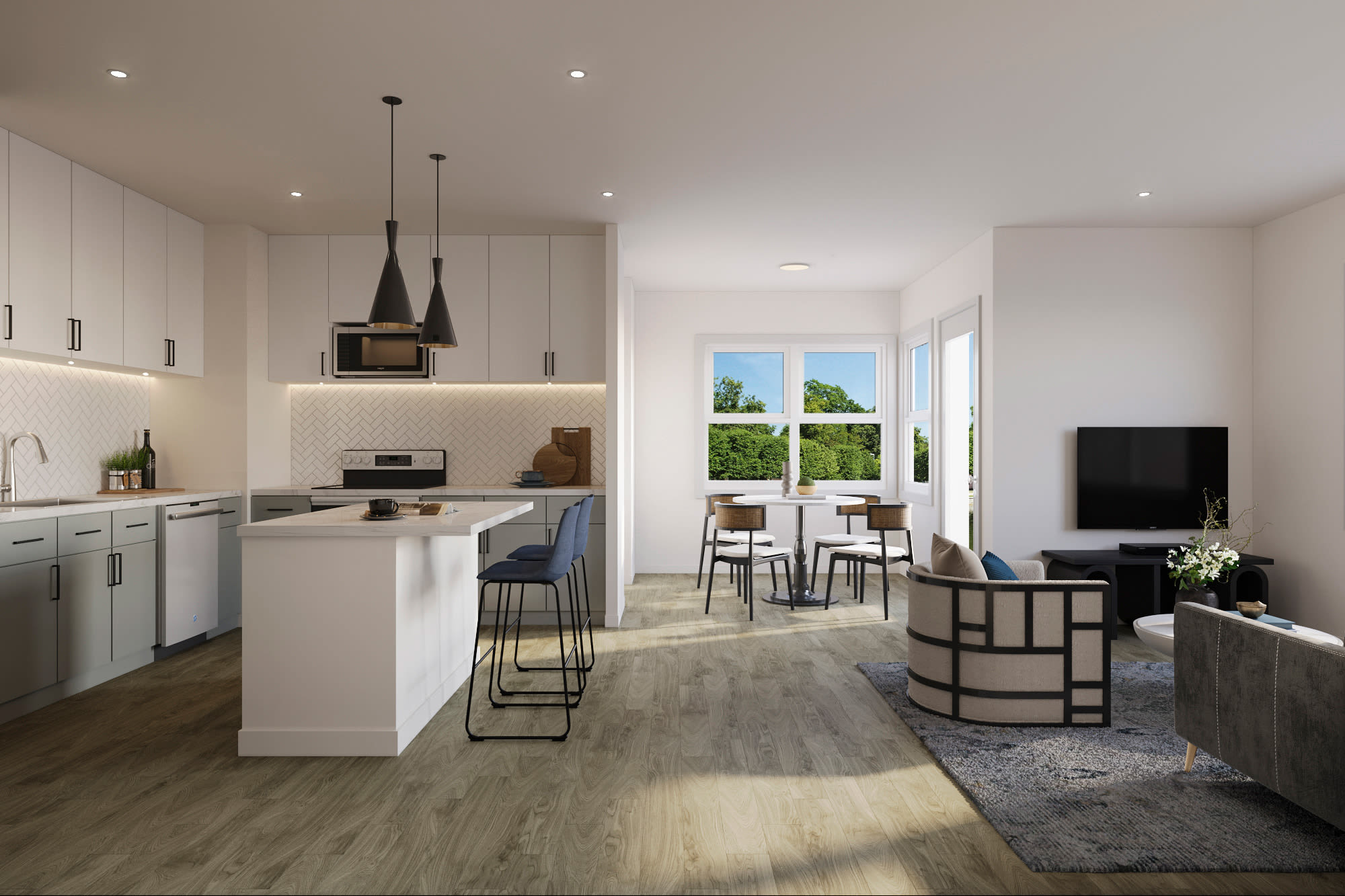 Furnished kitchen and living room at Silo Creek Apartments in Lafayette, Louisiana