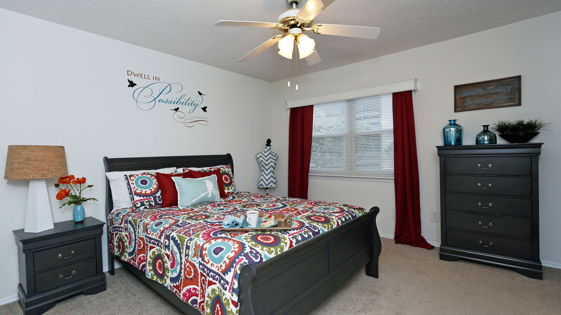 Bedroom with large comfortable bed and ceiling fan at Thickett in Mt Pleasant, South Carolina