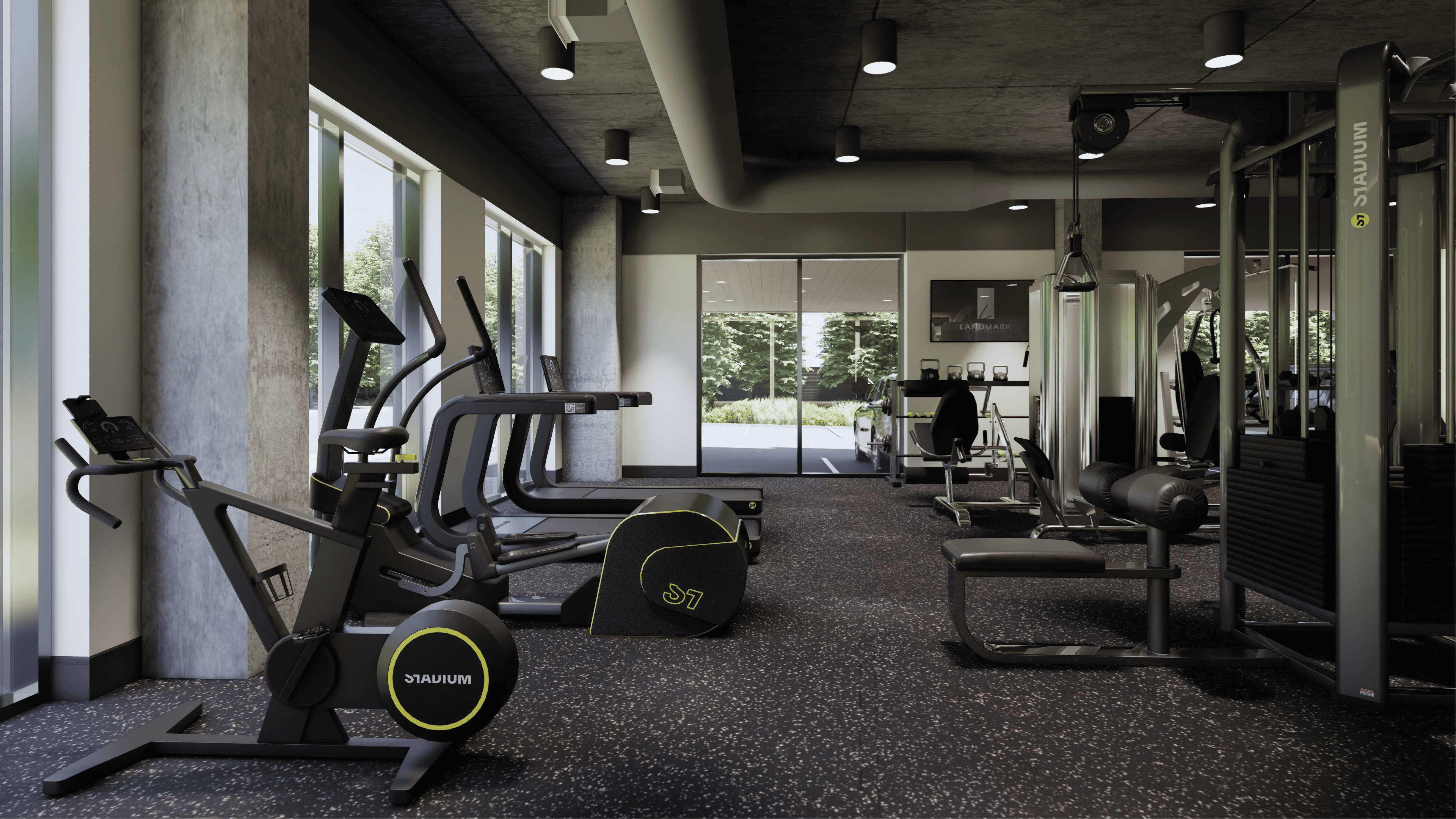 Fitness center with treadmill at Landmark at Dublin in Dublin, Pennsylvania
