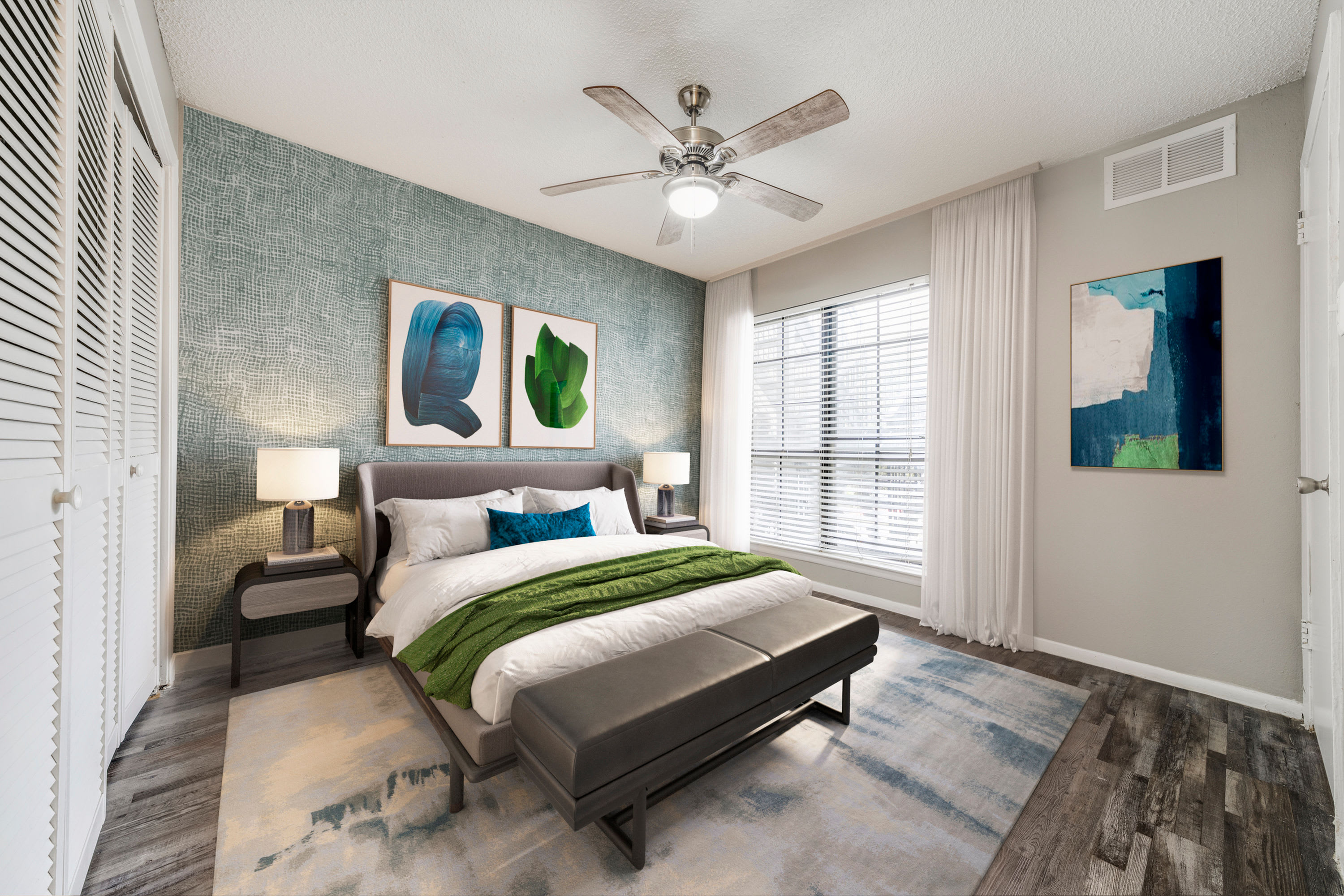 Bright bedroom at Icon Apartments in San Antonio,Texas