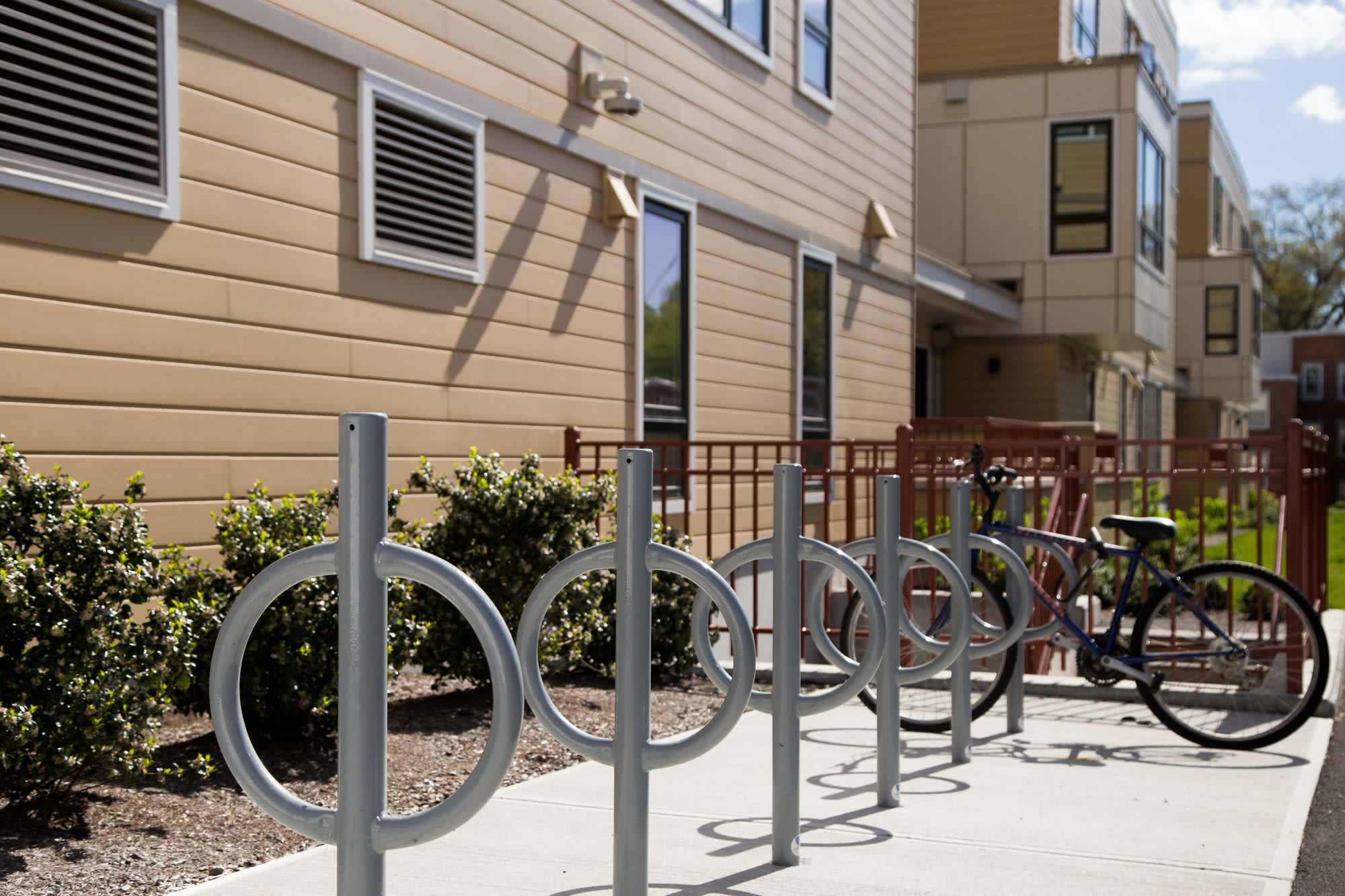 Bike rack at Dummer Street Apartments in Brookline, Massachusetts