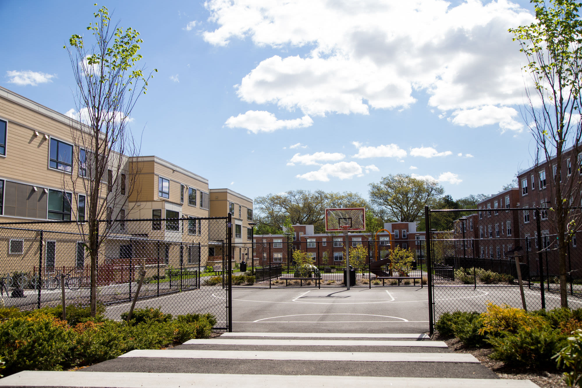 Basketball half-court at Dummer Street Apartments in Brookline, Massachusetts