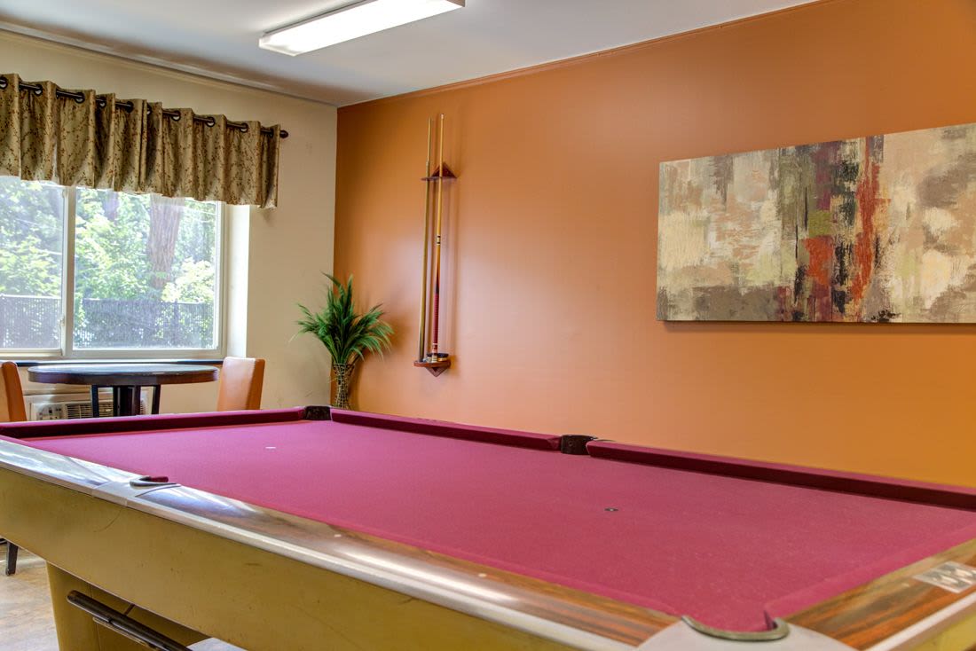 Pool table in clubhouse at Congregational Retirement Homes in Melrose, Massachusetts