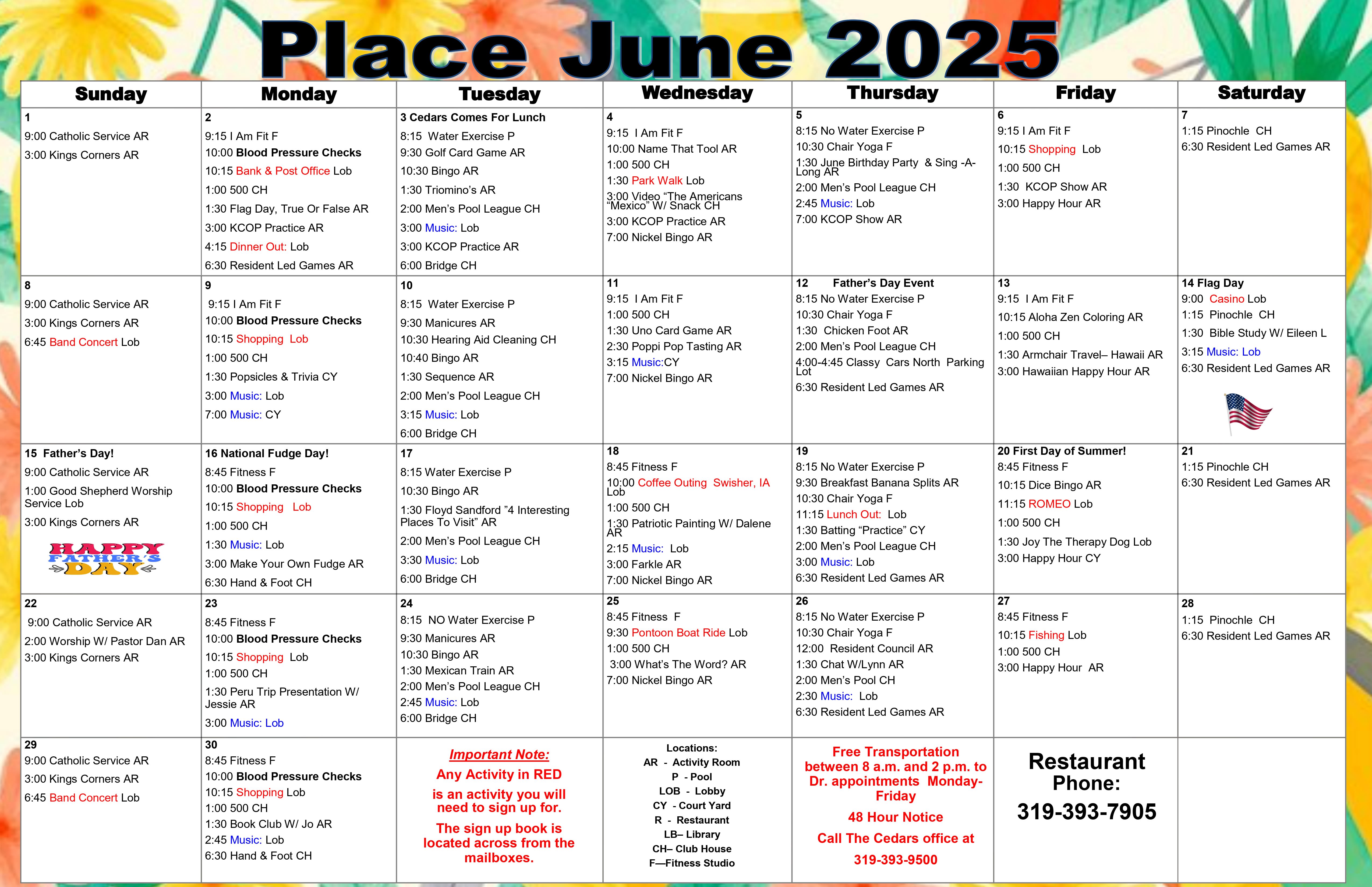 Independent Living Calendar calendar from The Keystones of Cedar Rapids in Cedar Rapids, Iowa 