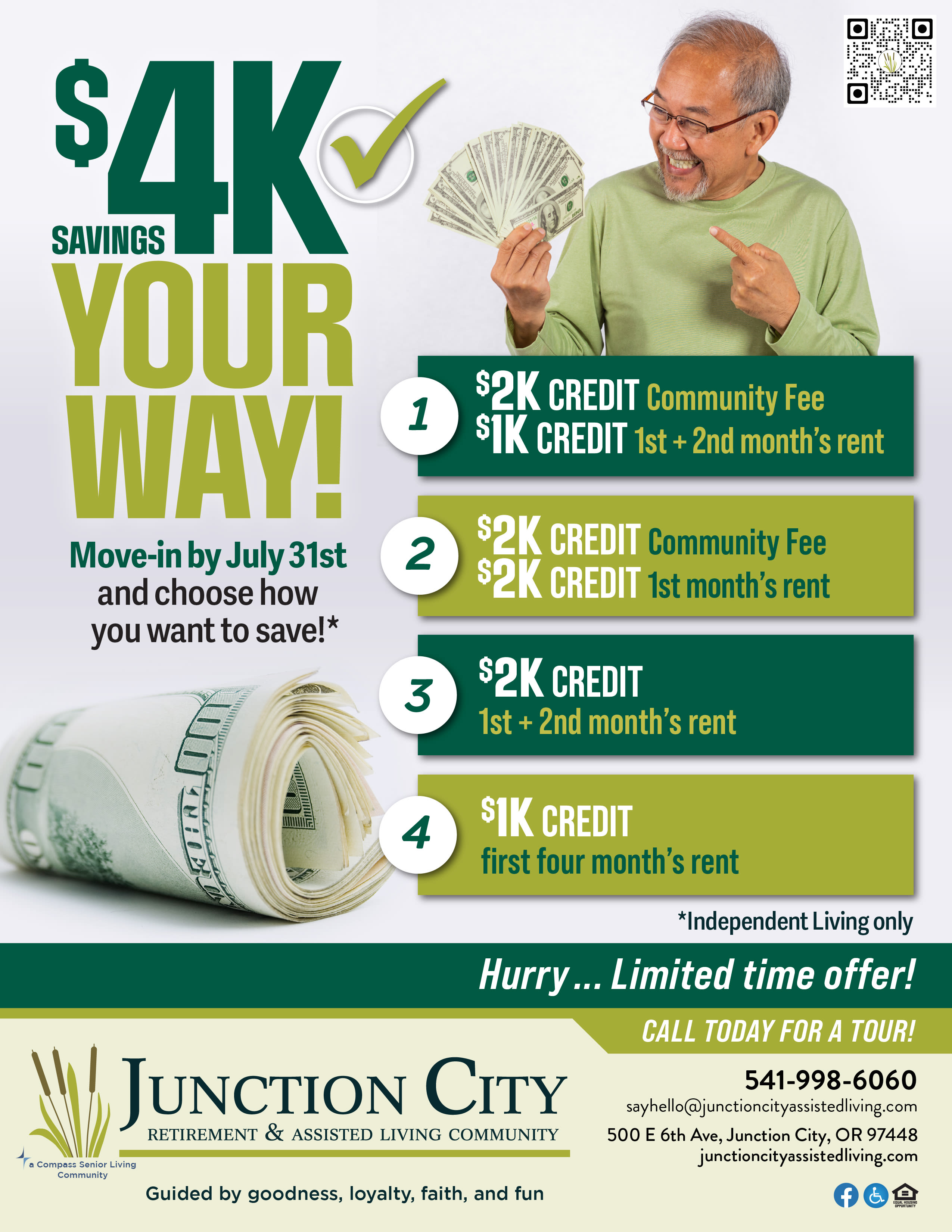 4K flyer at Junction City Retirement and Assisted Living in Junction City, Oregon