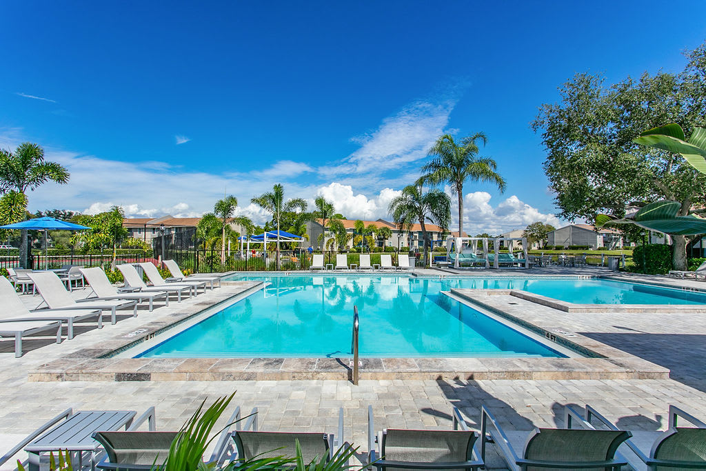 Swimming pool with lounge chairs at Trellis at the Lakes in St. Petersburg, Florida