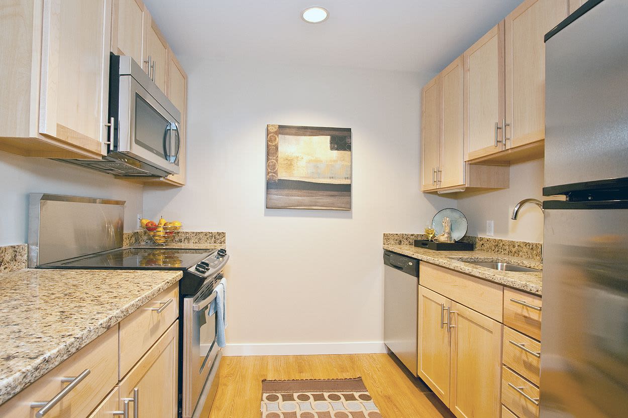 Fully equipped kitchen at The Hayes at Railroad Square in Haverhill, Massachusetts