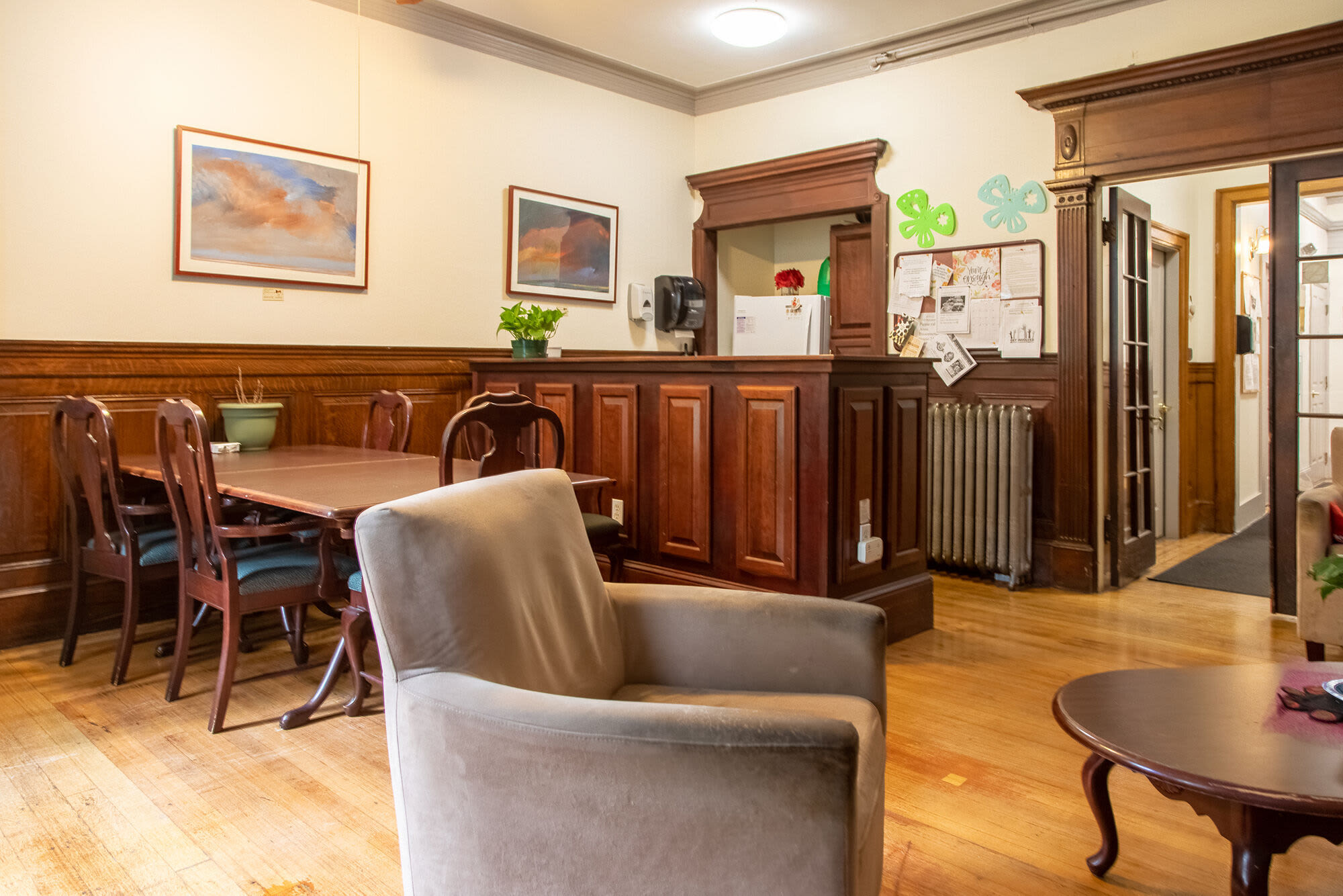 Dining area at Hearth Ruth Cowin House in Brookline, Massachusetts