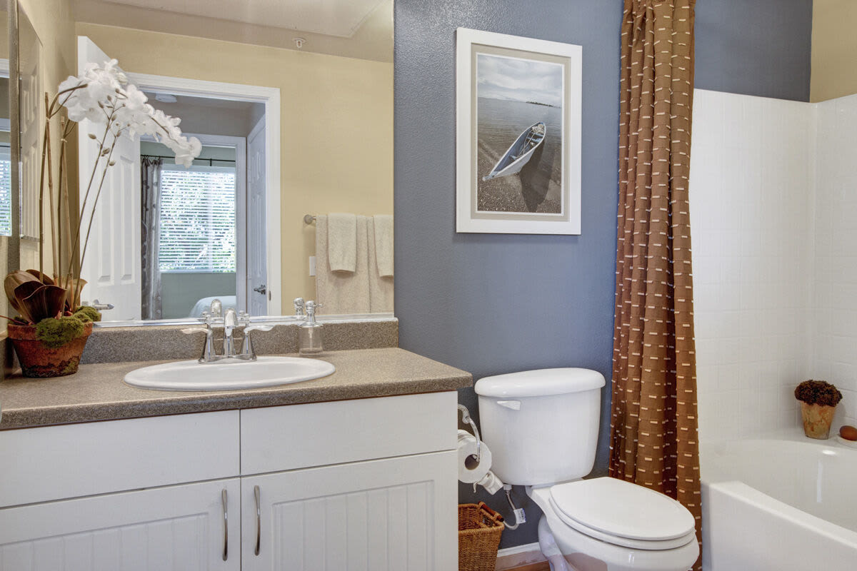 Bathroom with a toilet, sink, and standard tub at Rivers Edge in Lake Elsinore, California