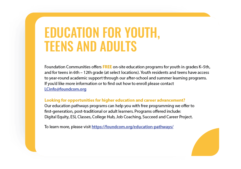 Education information at Live Oak Trails in Austin, Texas