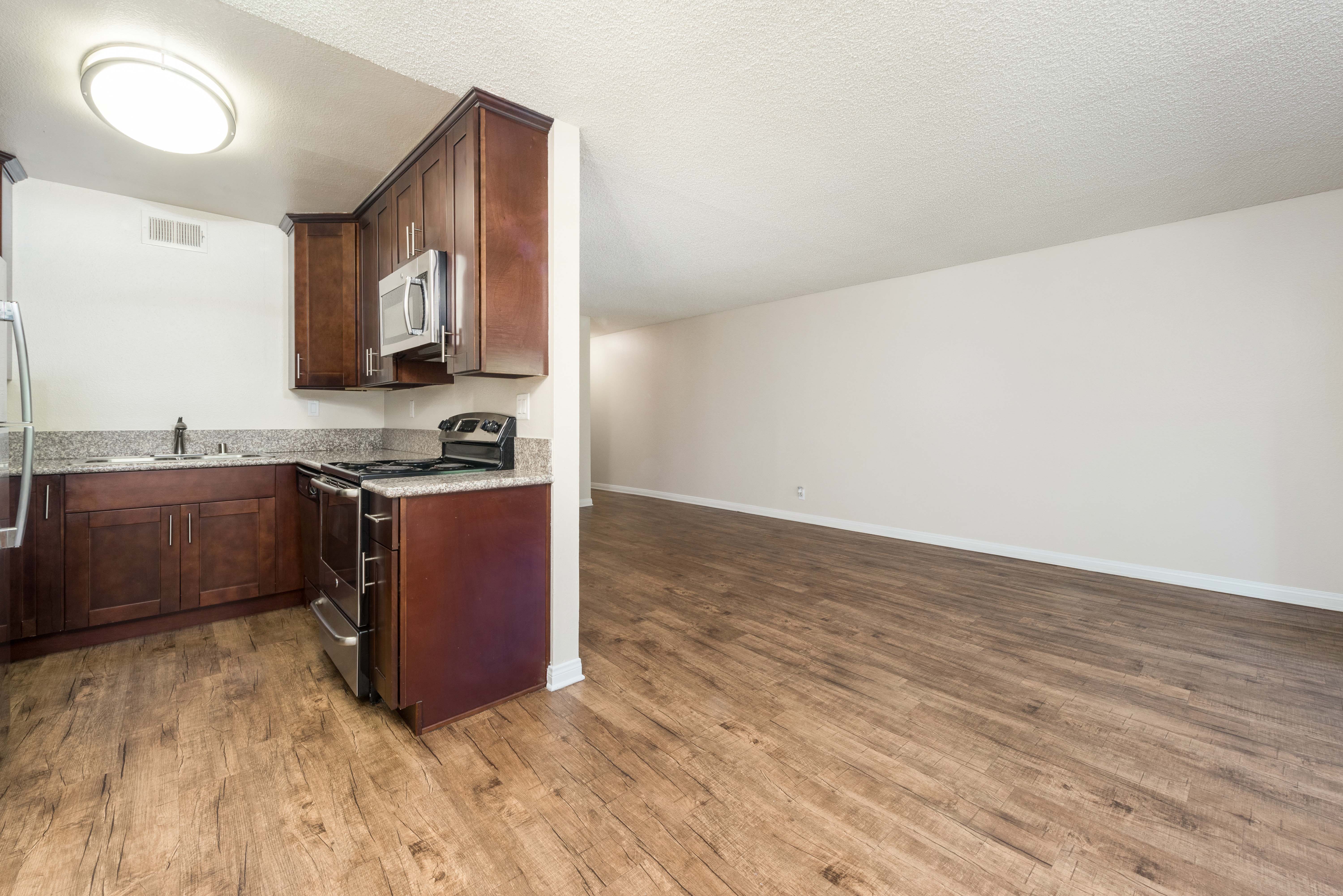 Kitchen and hallway at The Howard, Glendale, California