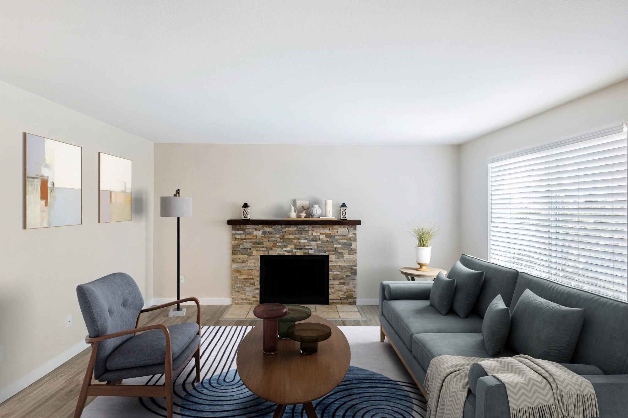 Living room at Oswego Cove in Lake Oswego, Oregon