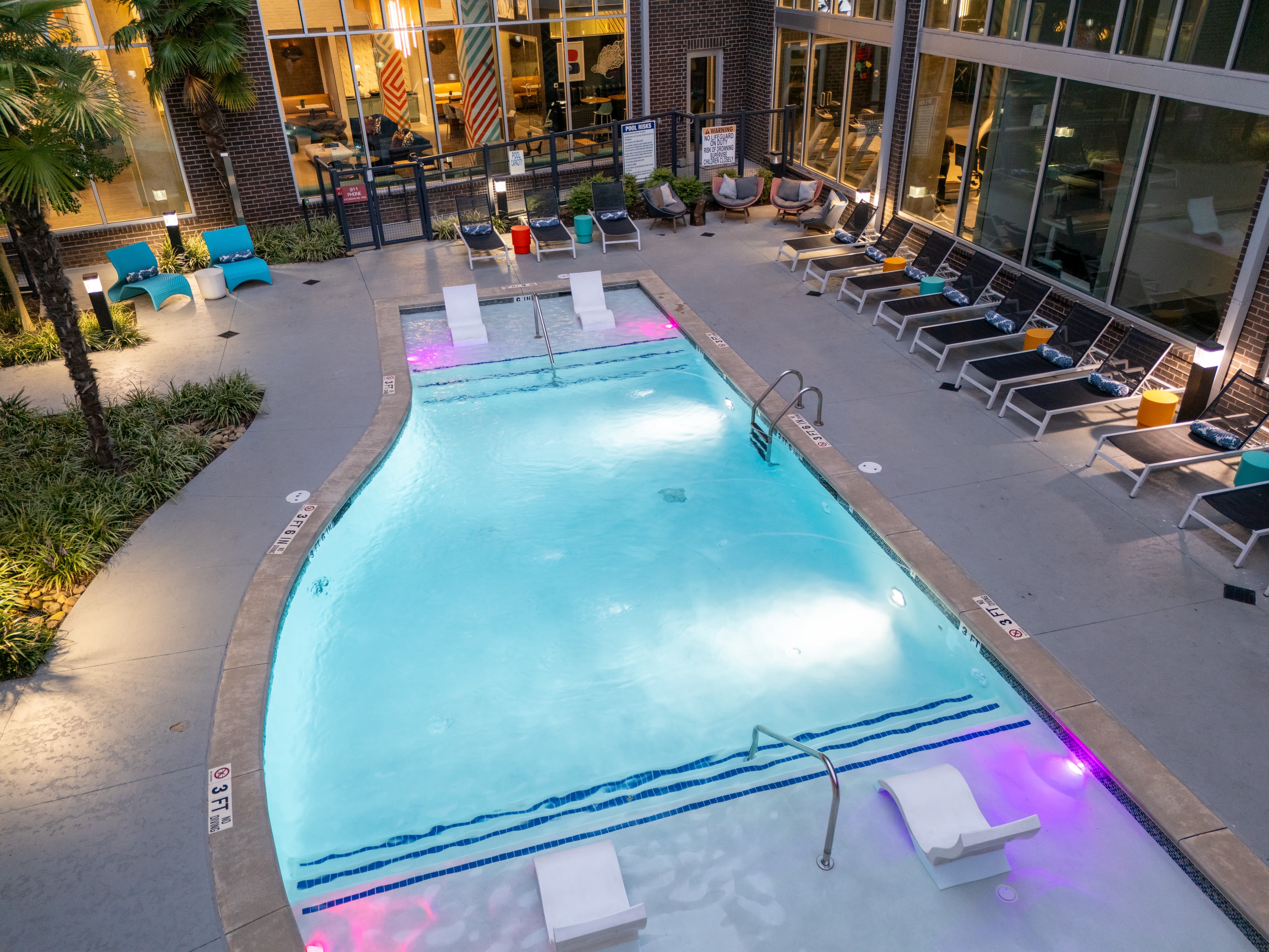 Aerial view of the apartments and pool at EDGE on the Beltline in Atlanta, Georgia
