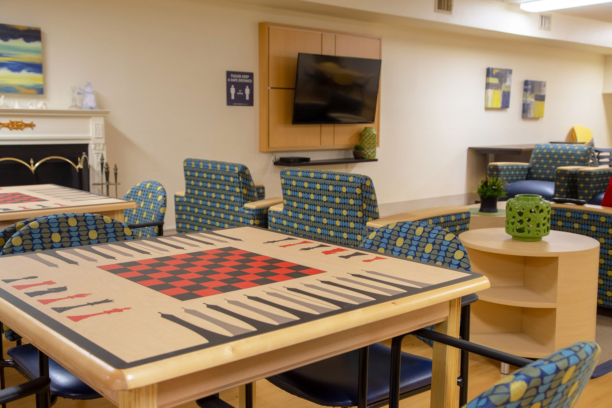 Community clubhouse with tv at Mazur Park Apartments in Lowell. MA