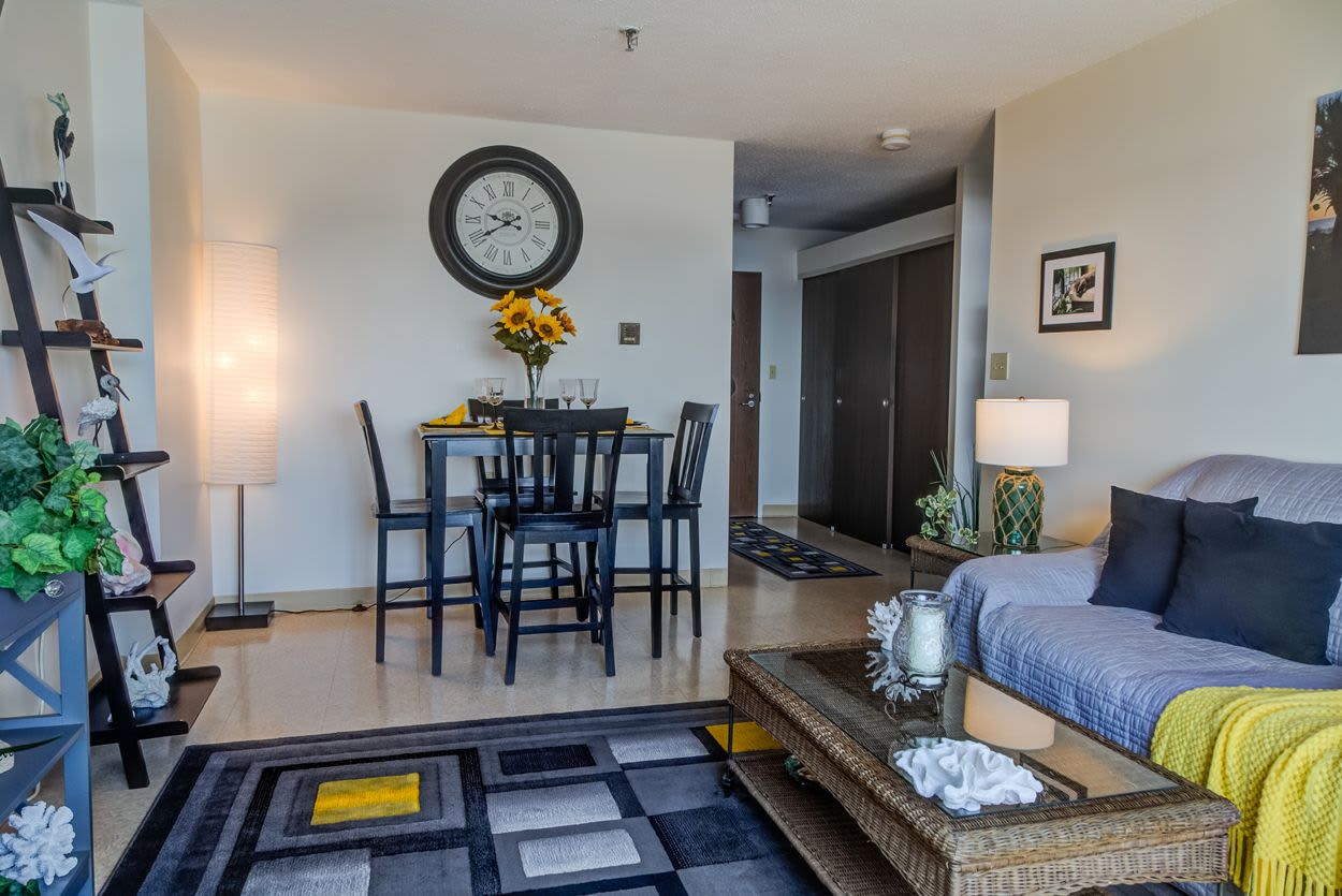 Well-furnished living space at Melville Towers in New Bedford, Massachusetts