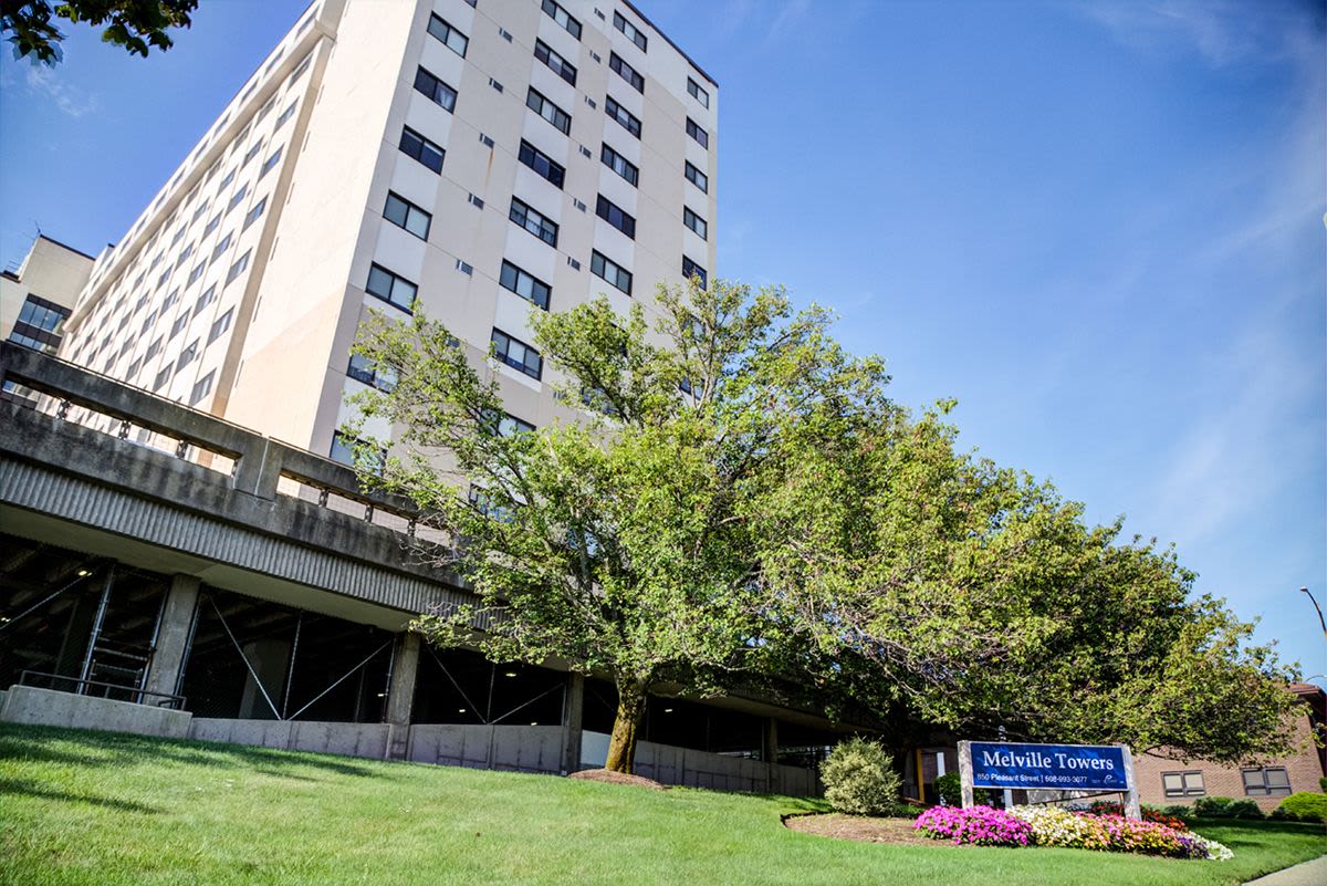 Exterior shot of apartments at Melville Towers in New Bedford,Massachusetts