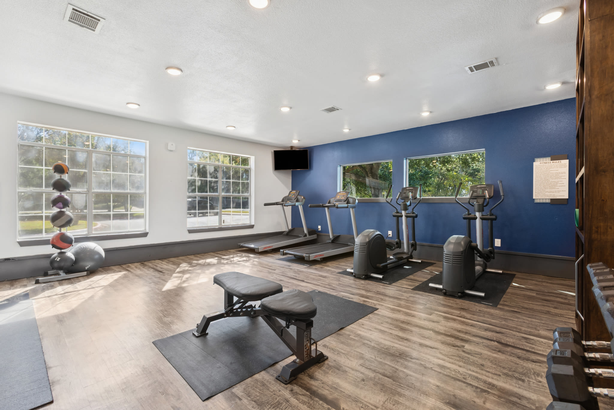 Another angle of the gym area at Ellie Apartments in Austin, Texas