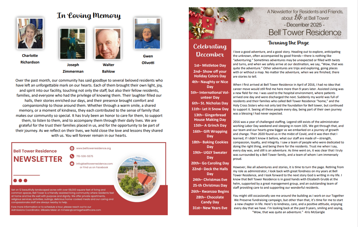 December 2025 Newsletter at Bell Tower Residence Assisted Living in Merrill, Wisconsin
