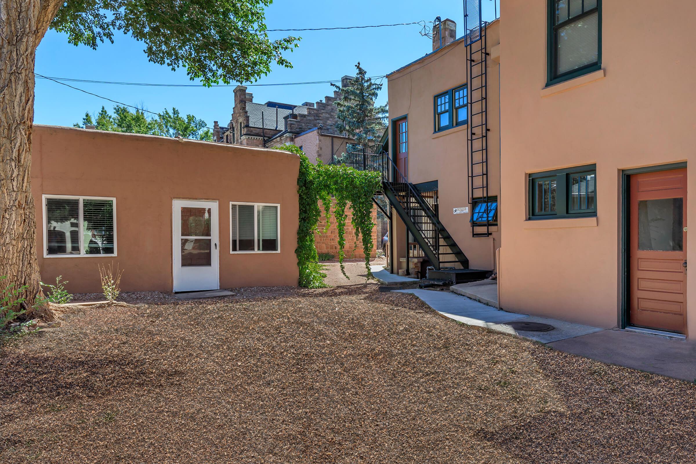 Exterior view of terra cotta buildings at Cascade Park in Colorado Springs, Colorado