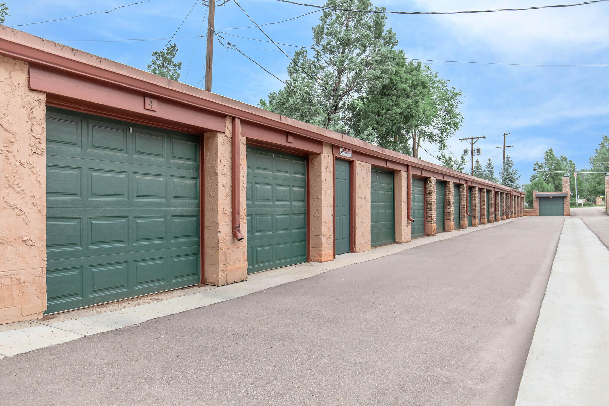 Exterior view of garages at Cascade Park in Colorado Springs, Colorado
