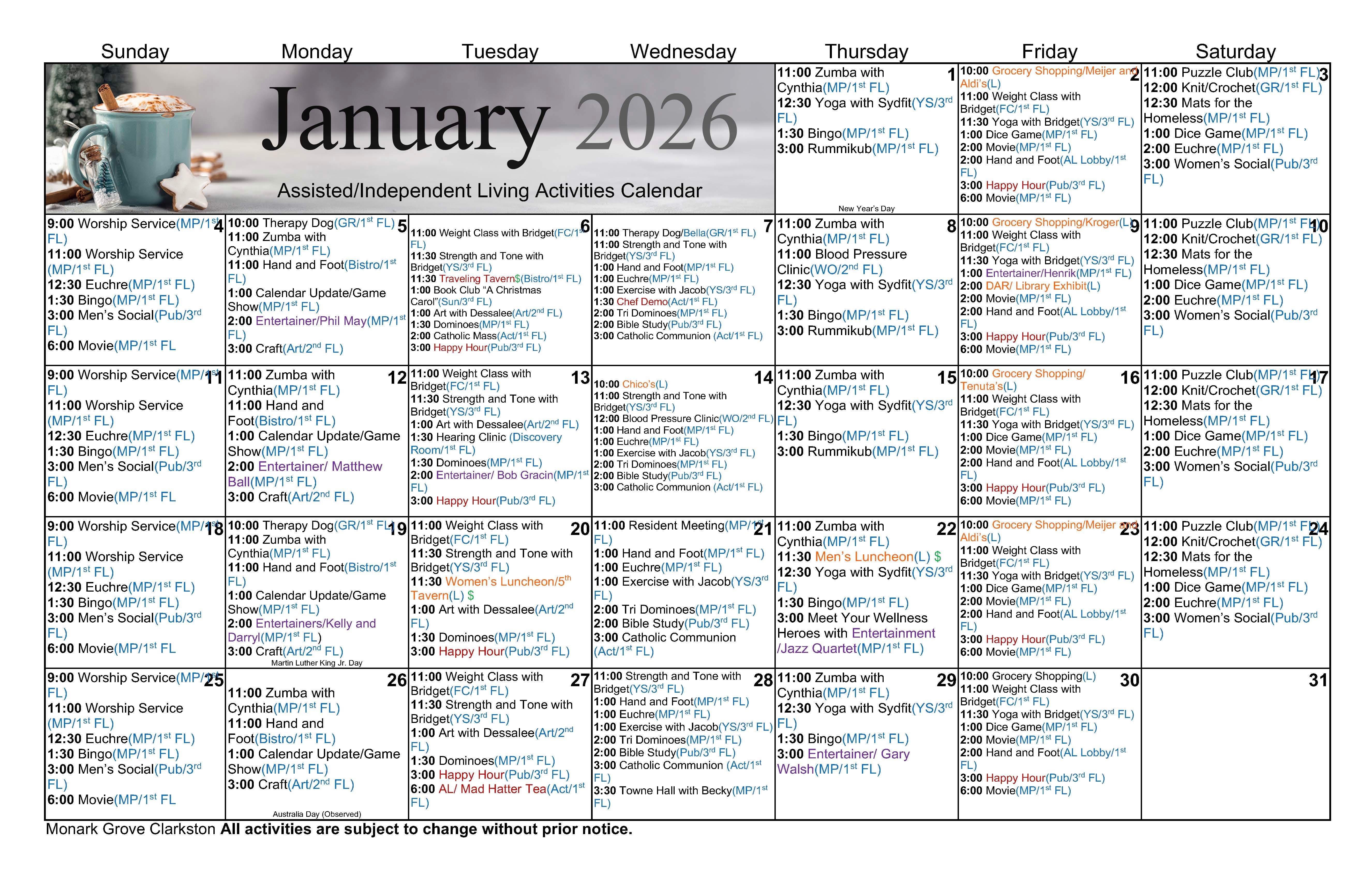 Monark Grove January Calendar