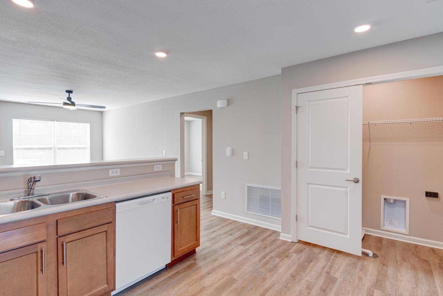 Kitchen with white appliances at Stanley Terrace in Plainfield,Indiana