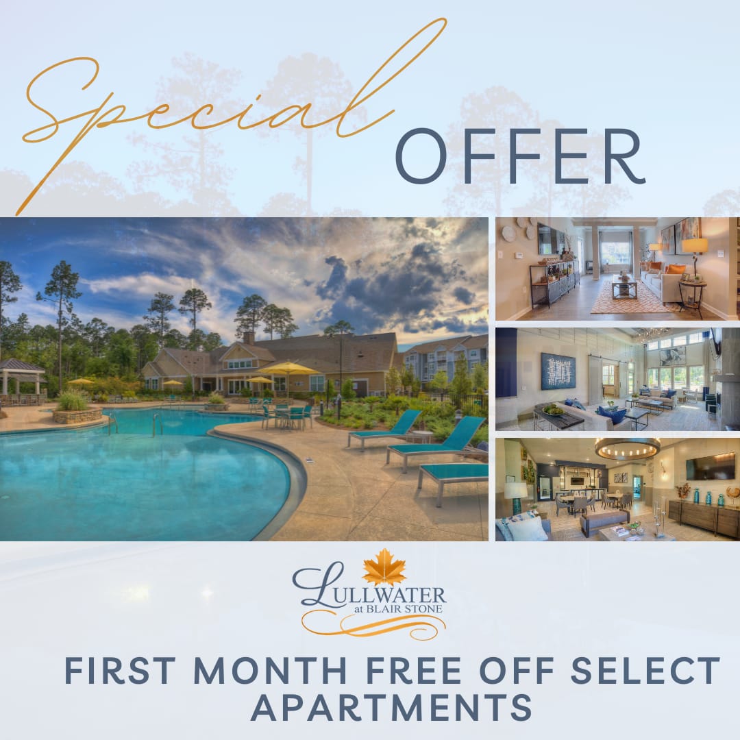 Special offer graphic showing pool and interior photos with $1,000 off select apartments at Lullwater at Blair Stone in Tallahassee, Florida
