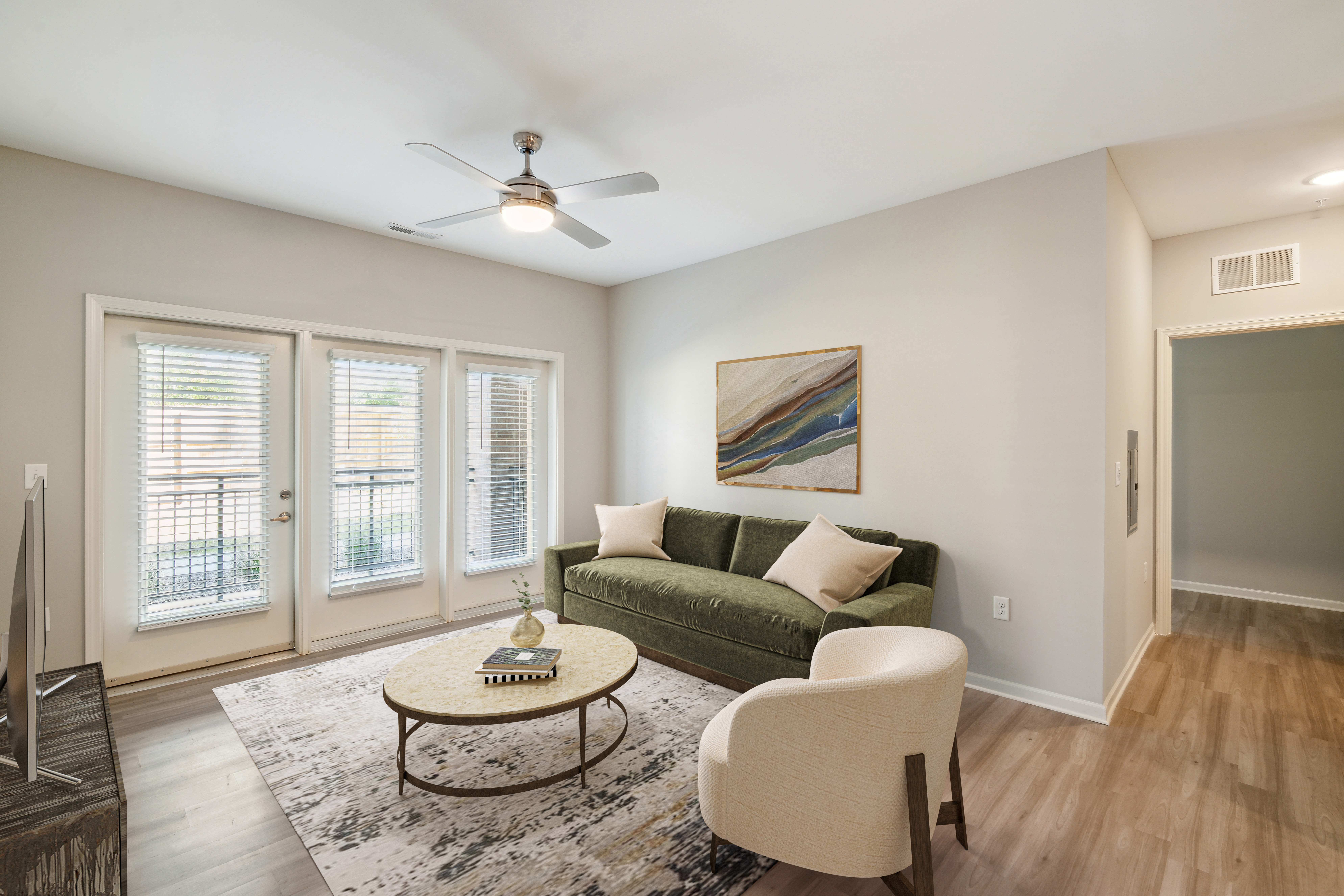 Living room with couch at Henderson on Reinli in Austin, 